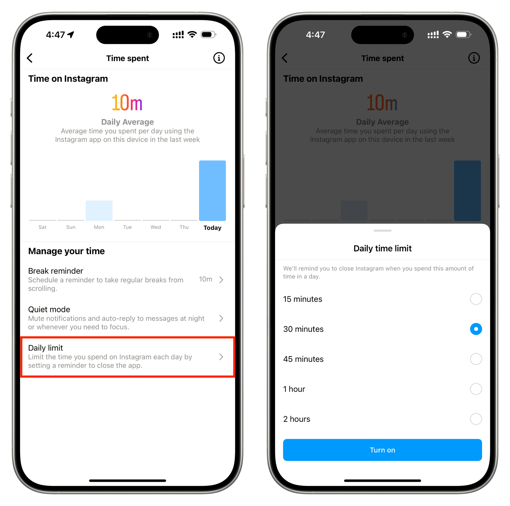 Set daily time limit in Instagram app on iPhone