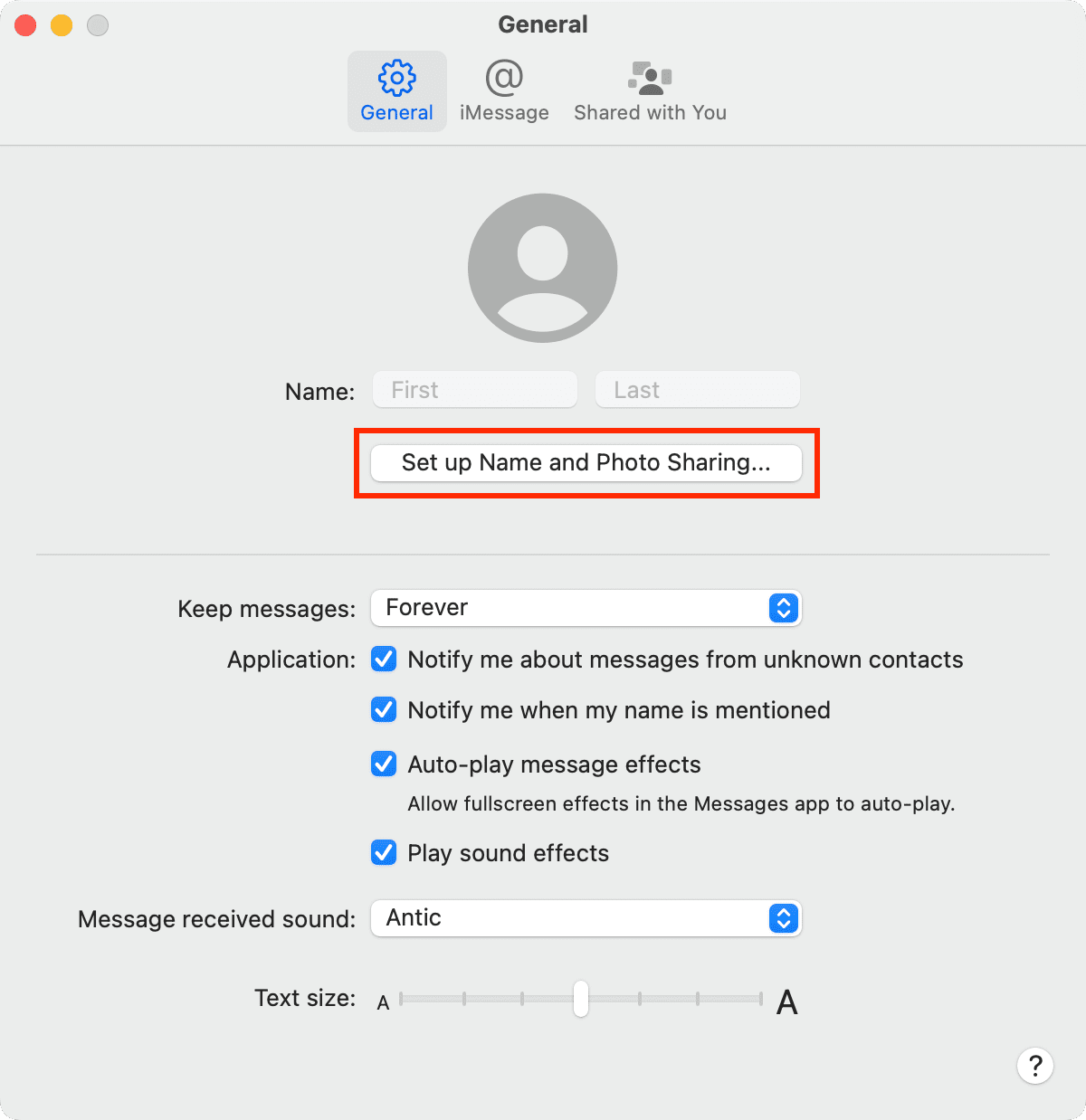 Set up Name and Photo Sharing in Message Settings on Mac