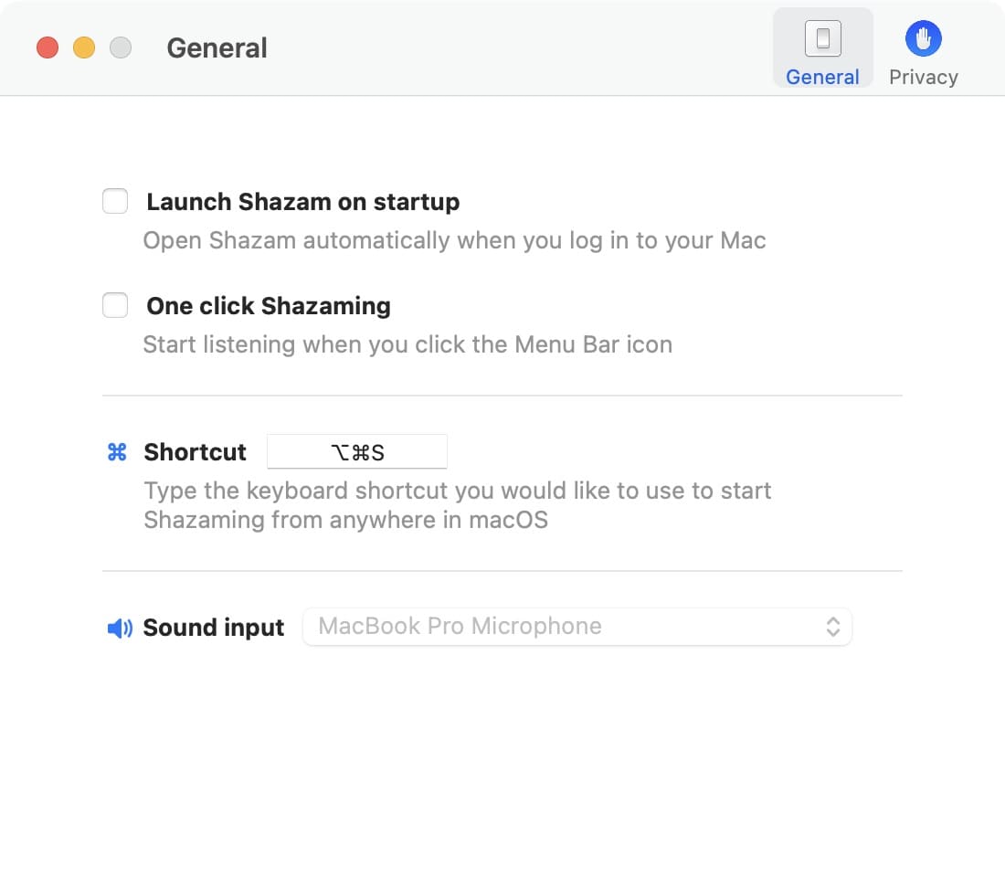Shazam settings on Mac
