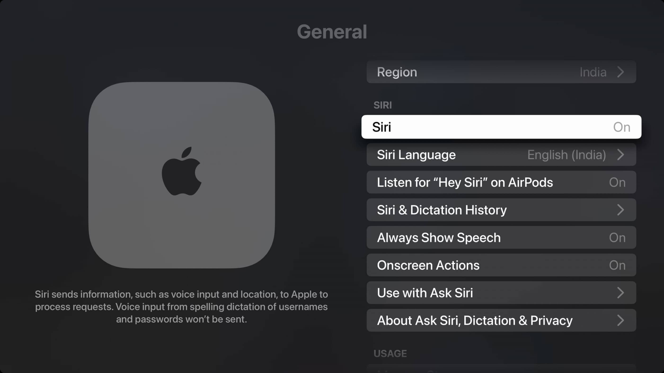 Siri settings on Apple TV