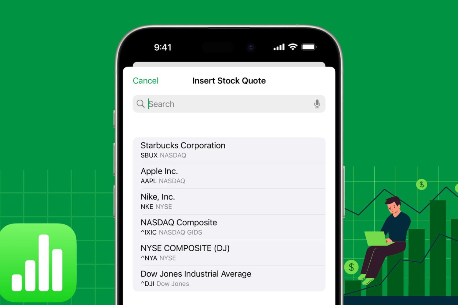 Adding Stocks data in the Numbers app on iPhone