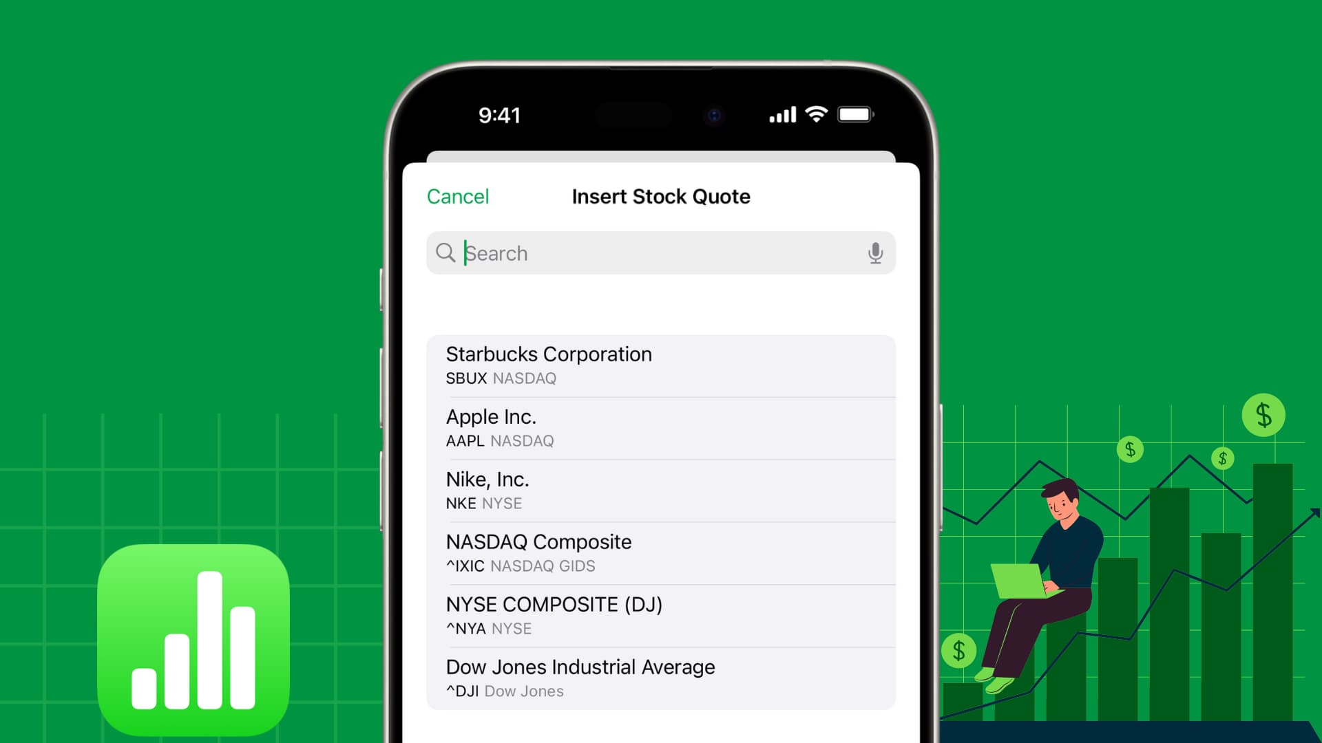 Adding Stocks data in the Numbers app on iPhone
