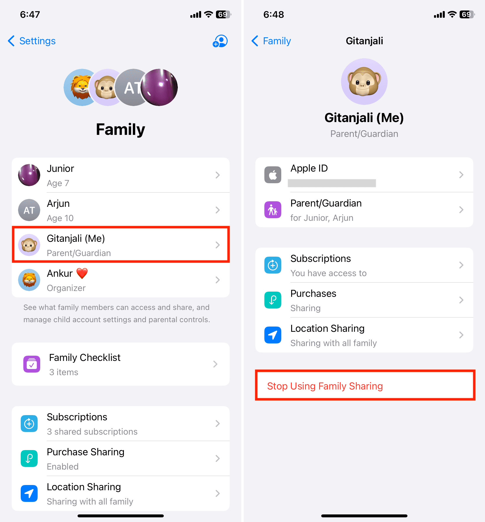 Stop Using Family Sharing from iPhone Settings
