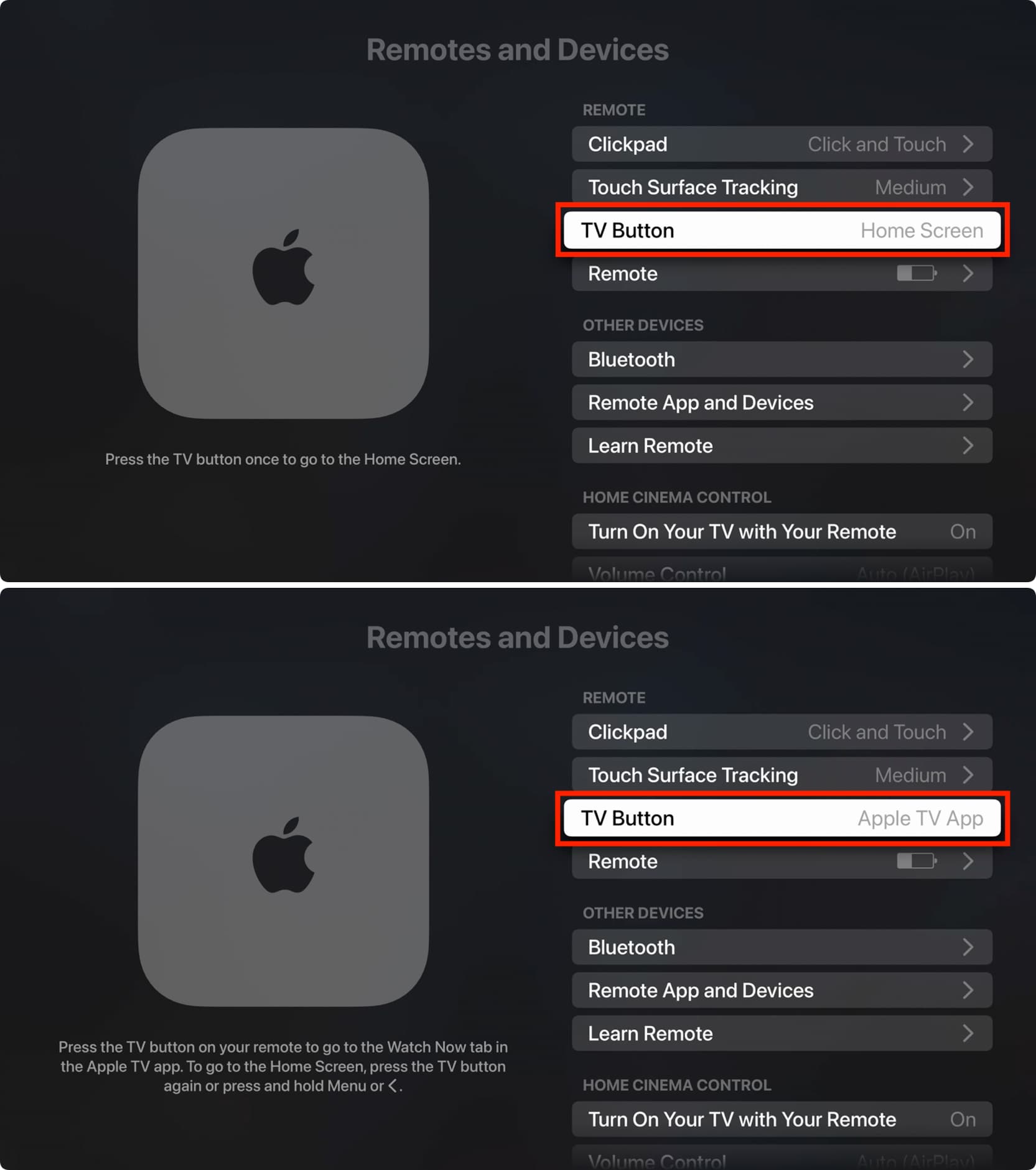 Customizing the TV Button settings for Siri Remote