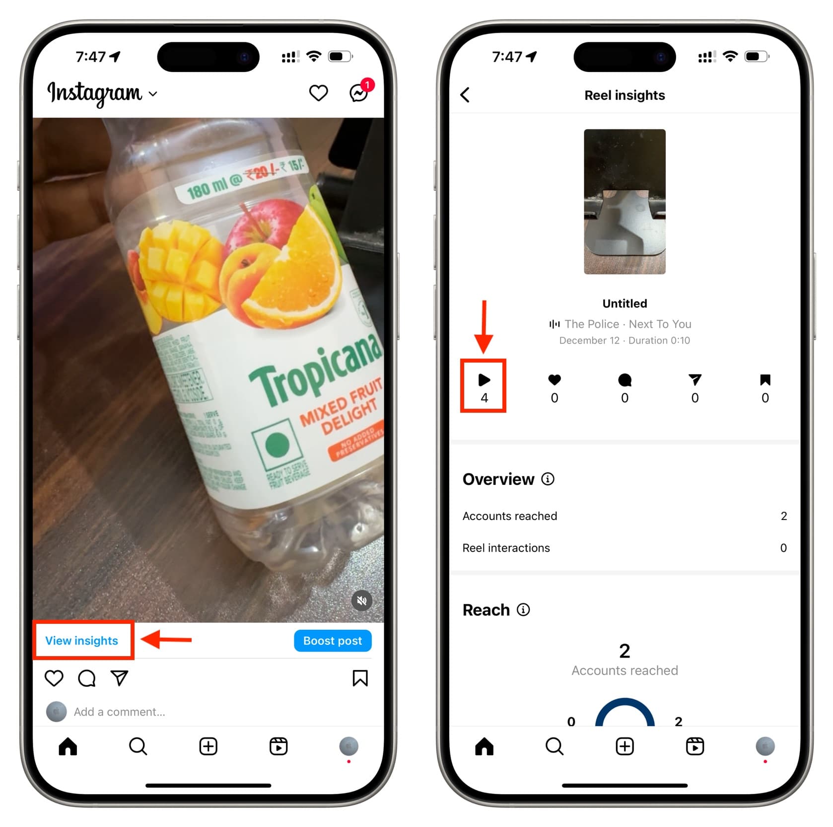 Tap View Insights to see number of plays for Instagram video