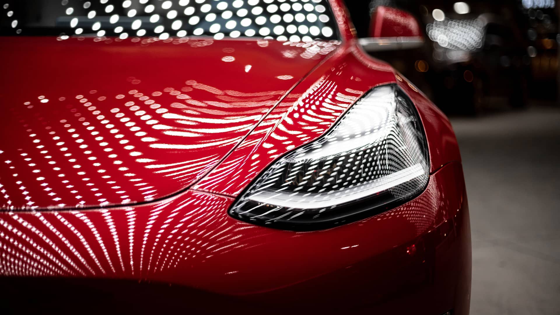 Closeup of Tesla Model 3 headlights