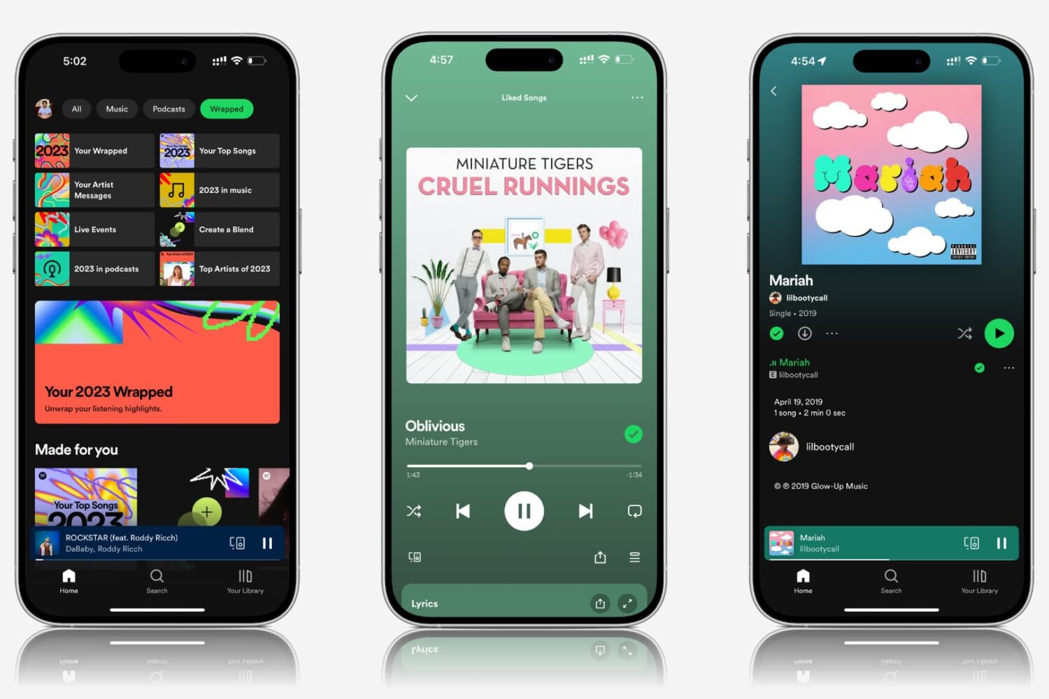 Three iPhone mockups showing different Spotify app screens