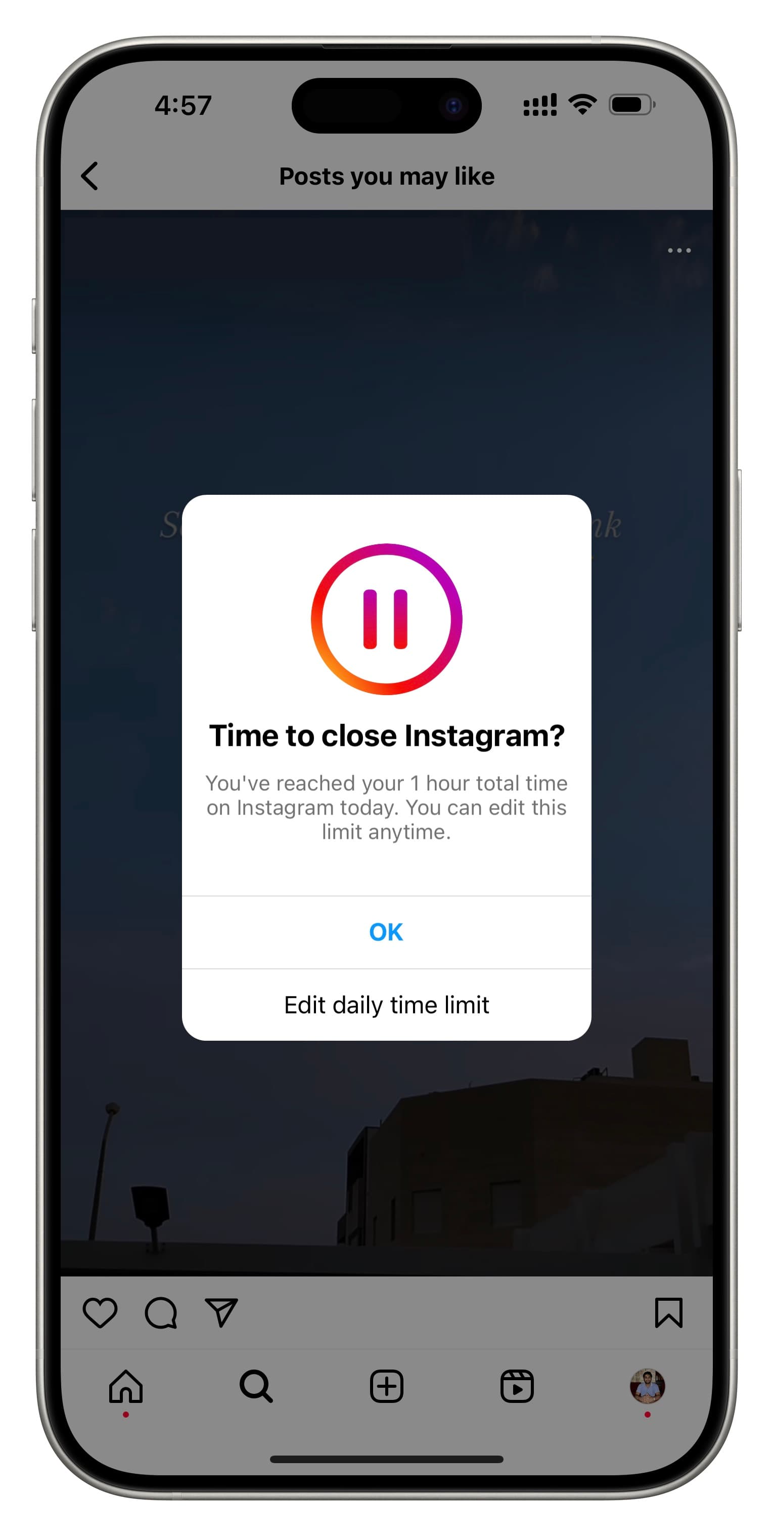 Time to close Instagram message alert on the screen