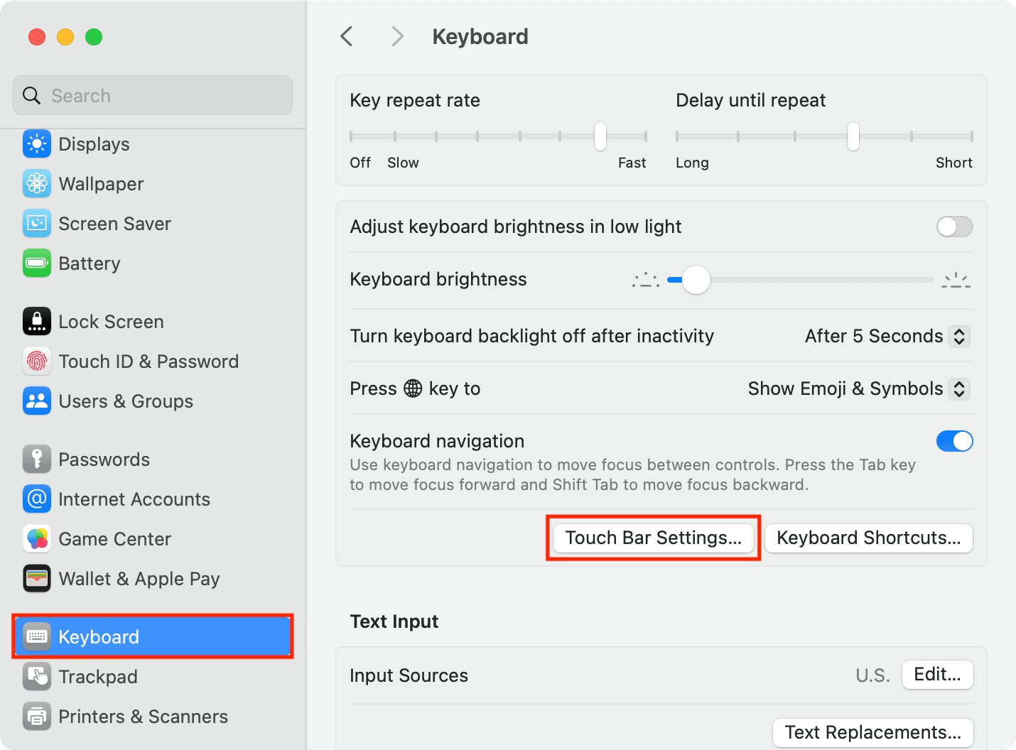 Touch Bar Settings in Mac System Settings