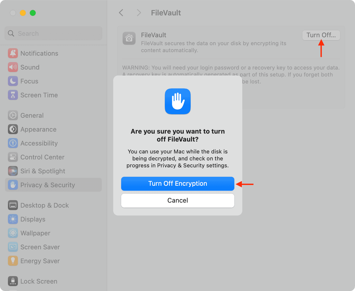 Turn off FileVault Encryption on Mac