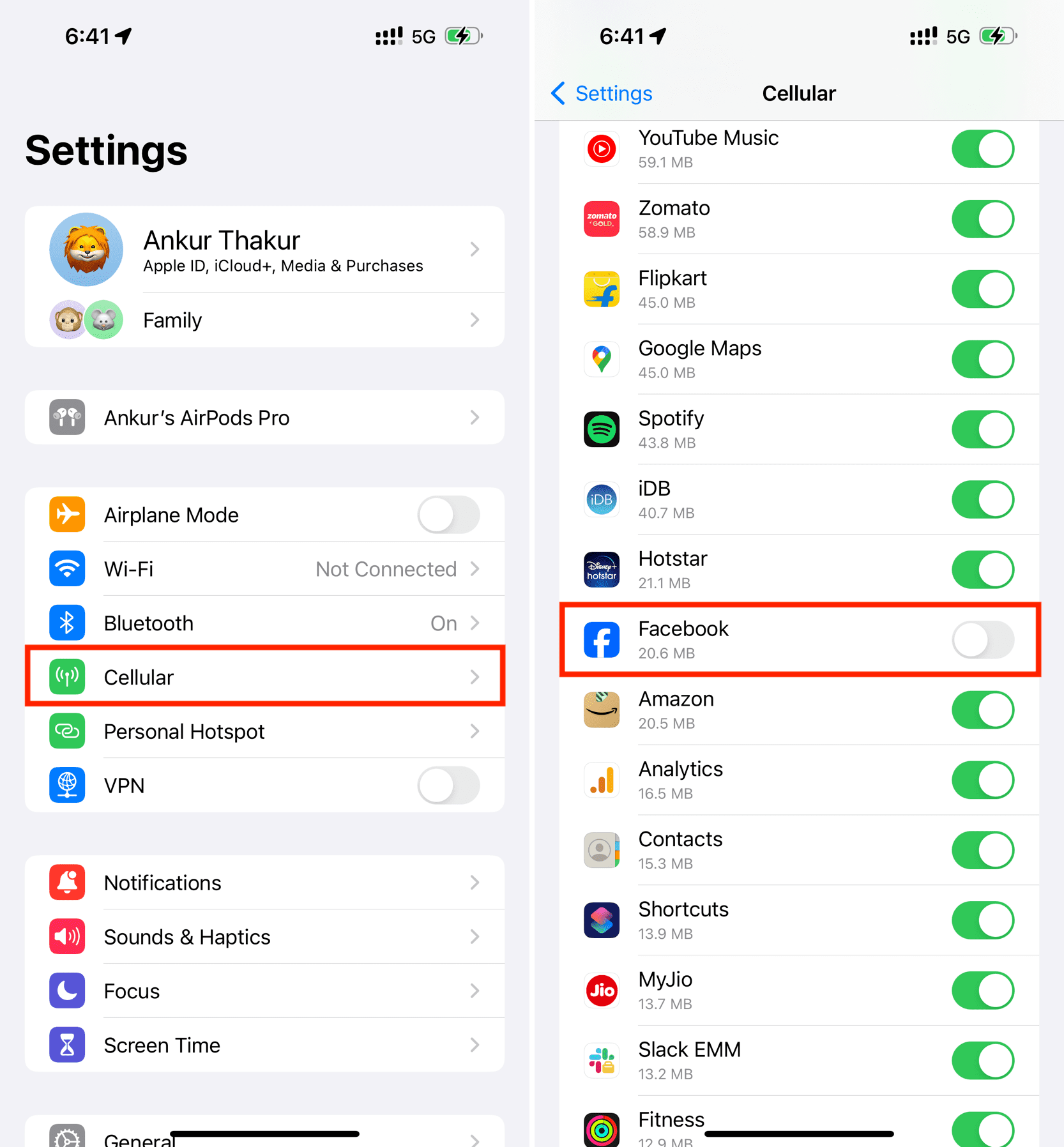 Turn off cellular data for Facebook on iPhone