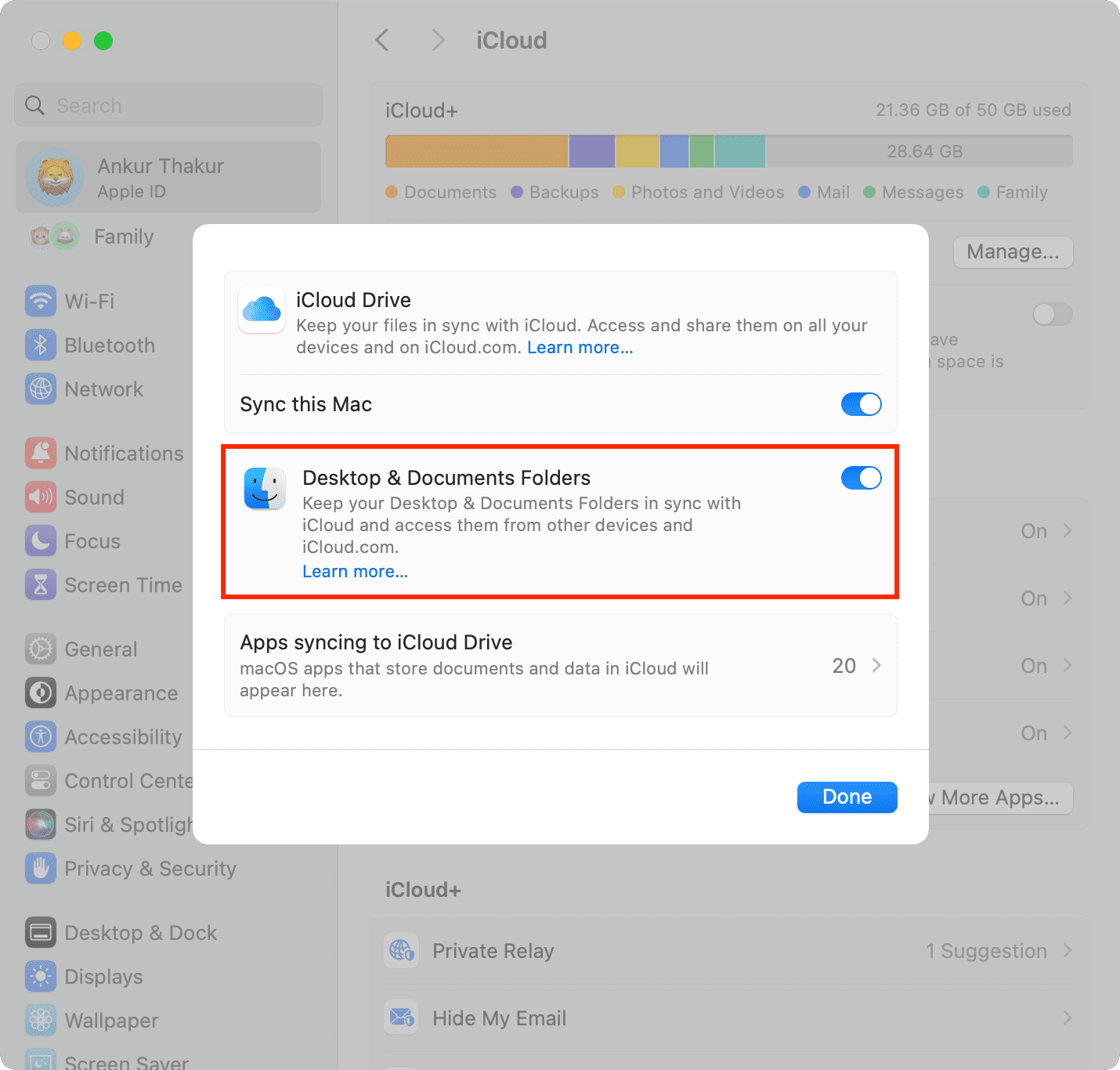 Turn on Desktop and Documents Folders in iCloud Drive settings on Mac