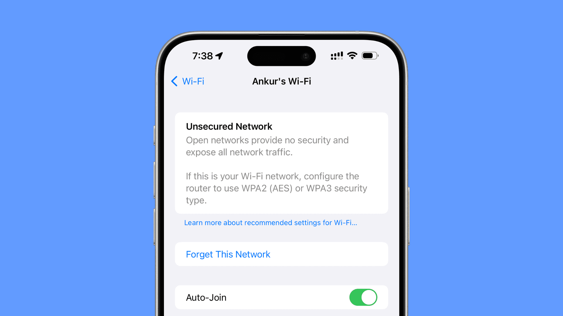 Unsecured Network message in iPhone Wi-Fi settings