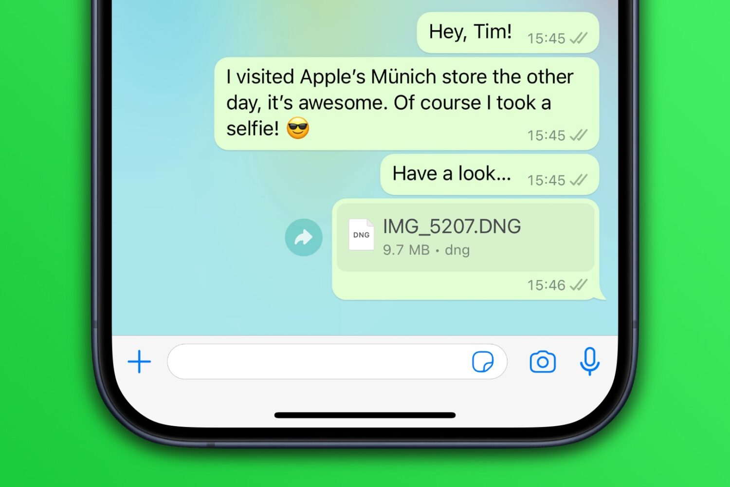 Example of a chat in the WhatsApp iPhone app with a full-resolution photo attachment