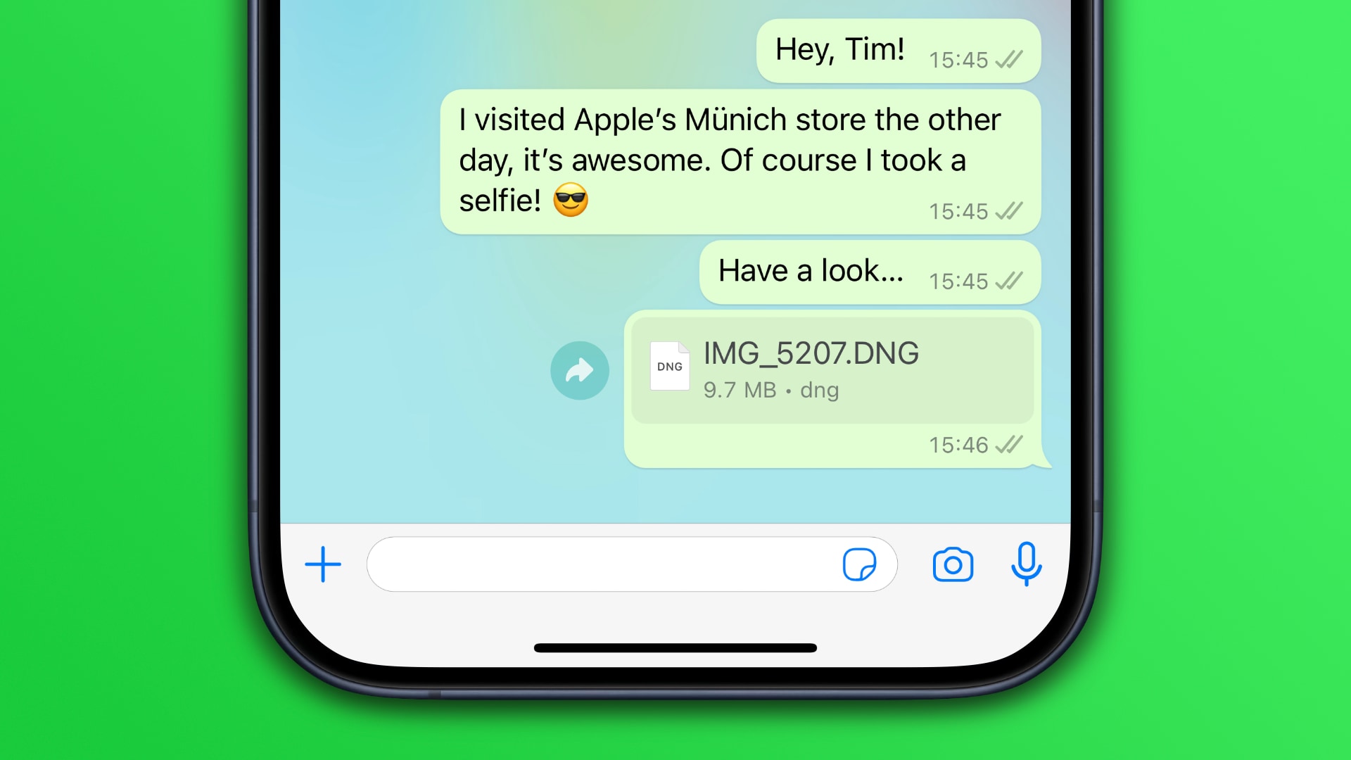 Example of a chat in the WhatsApp iPhone app with a full-resolution photo attachment