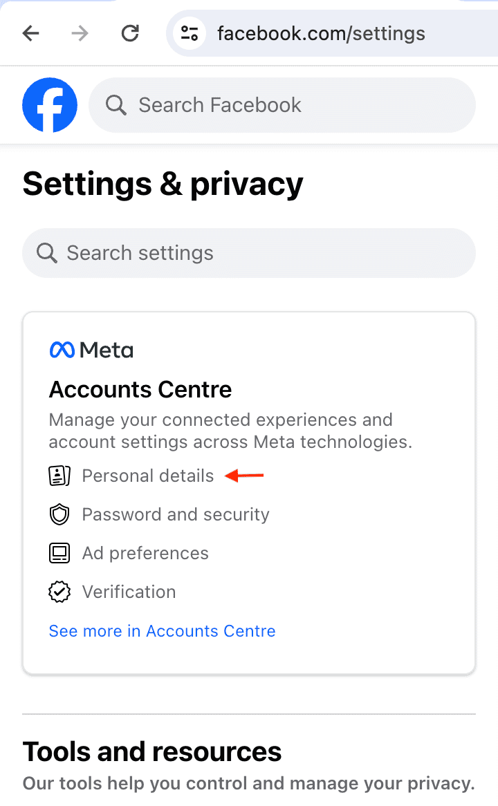 Access your personal details on Facebook website