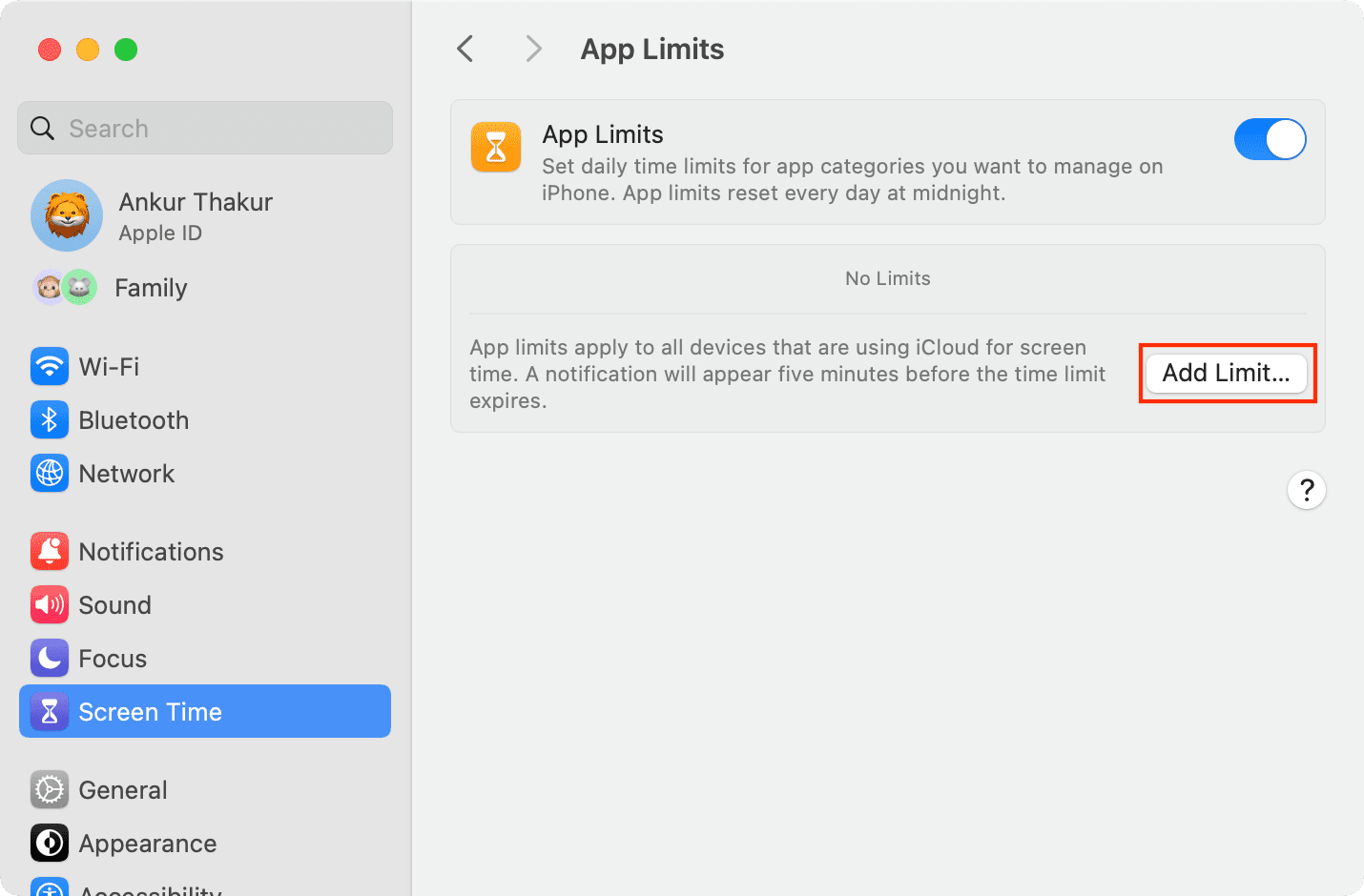 Add Limit in Screen App Limits on Mac