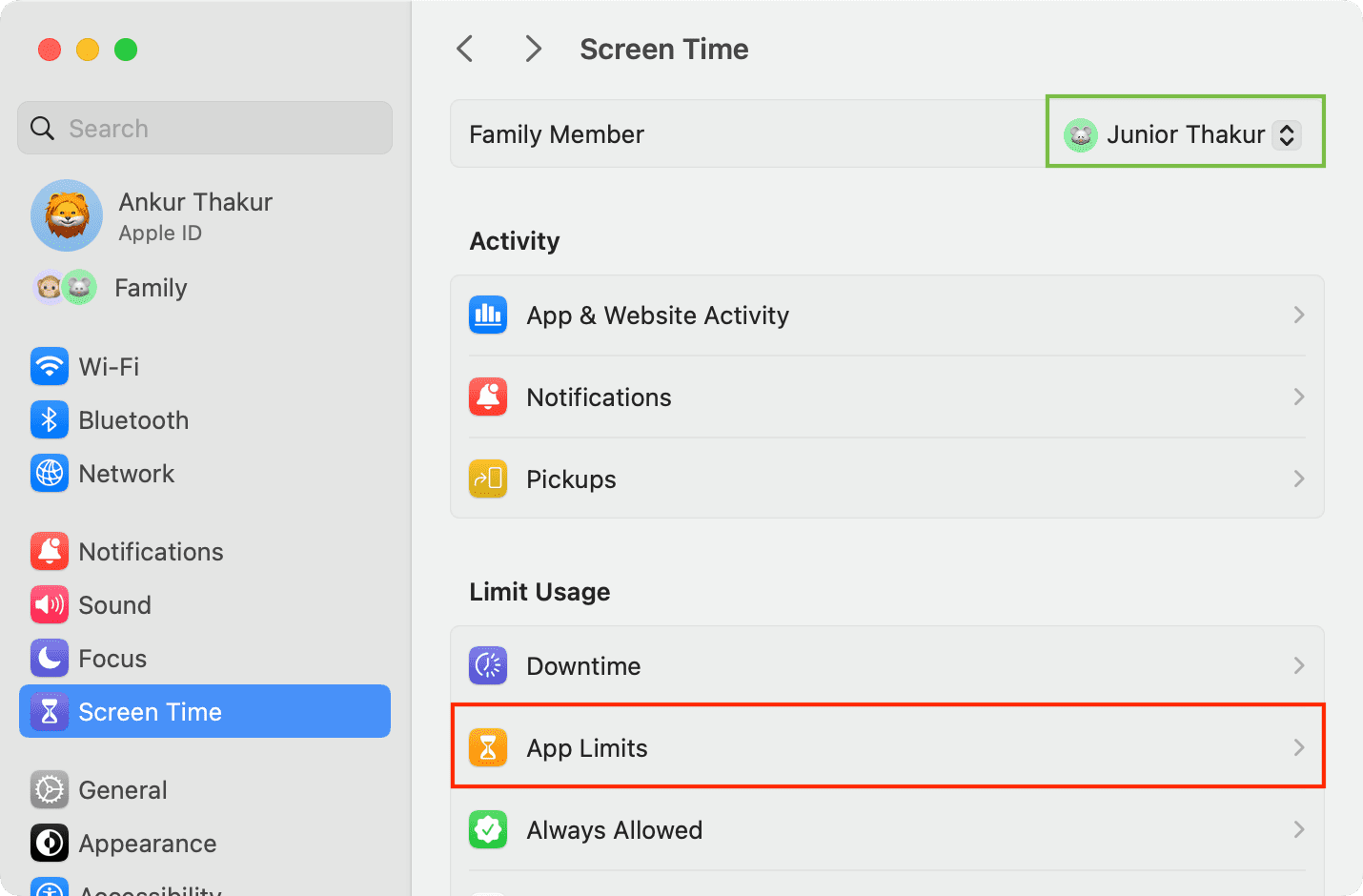 App Limits in Mac Screen Time settings