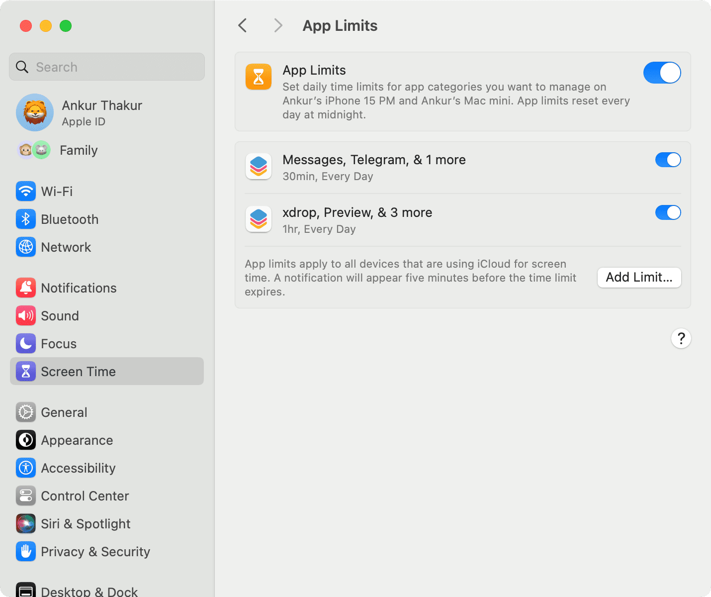 App Limits set in Mac Screen Time settings