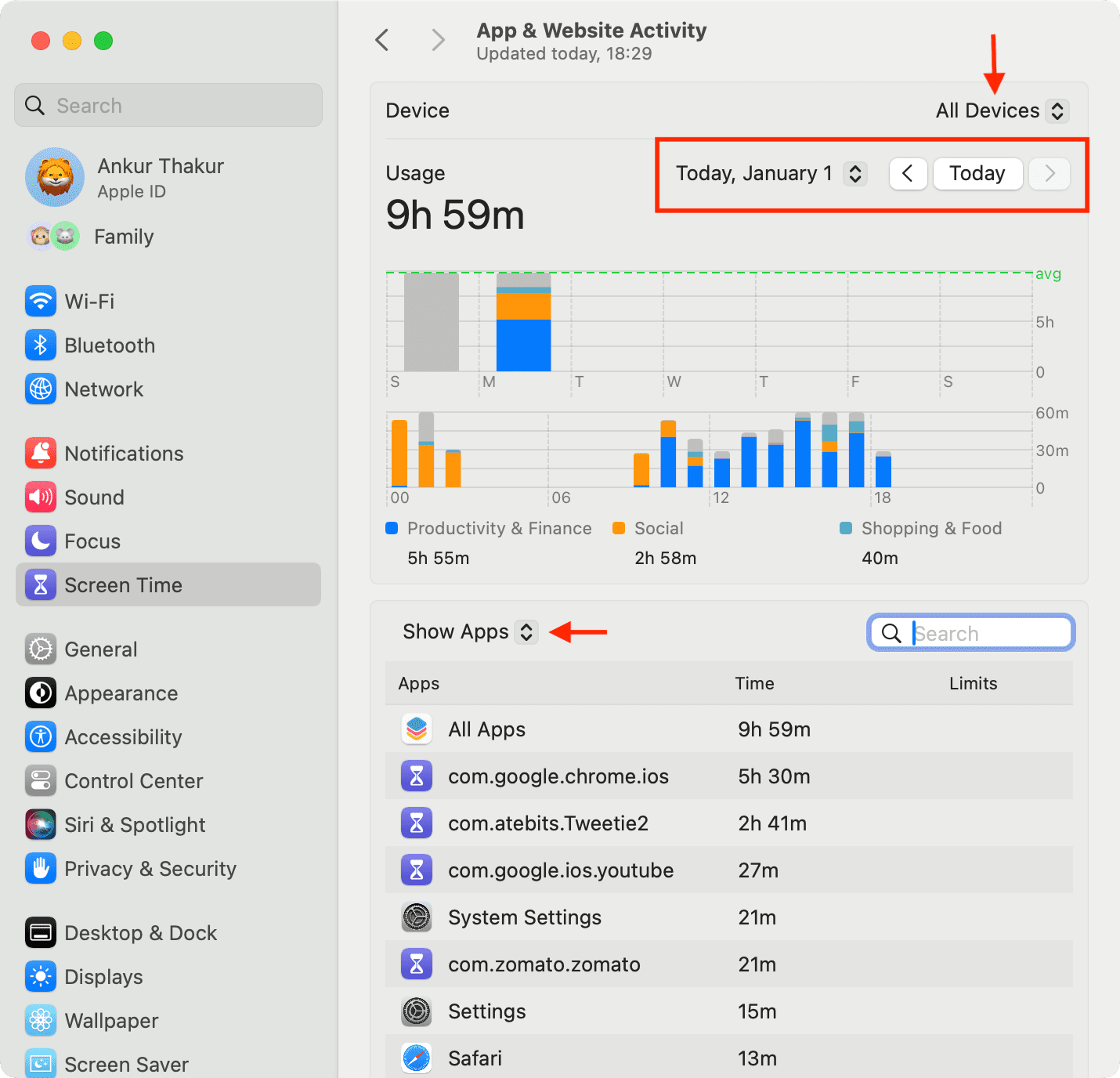 App and Website Activity in Screen Time on Mac