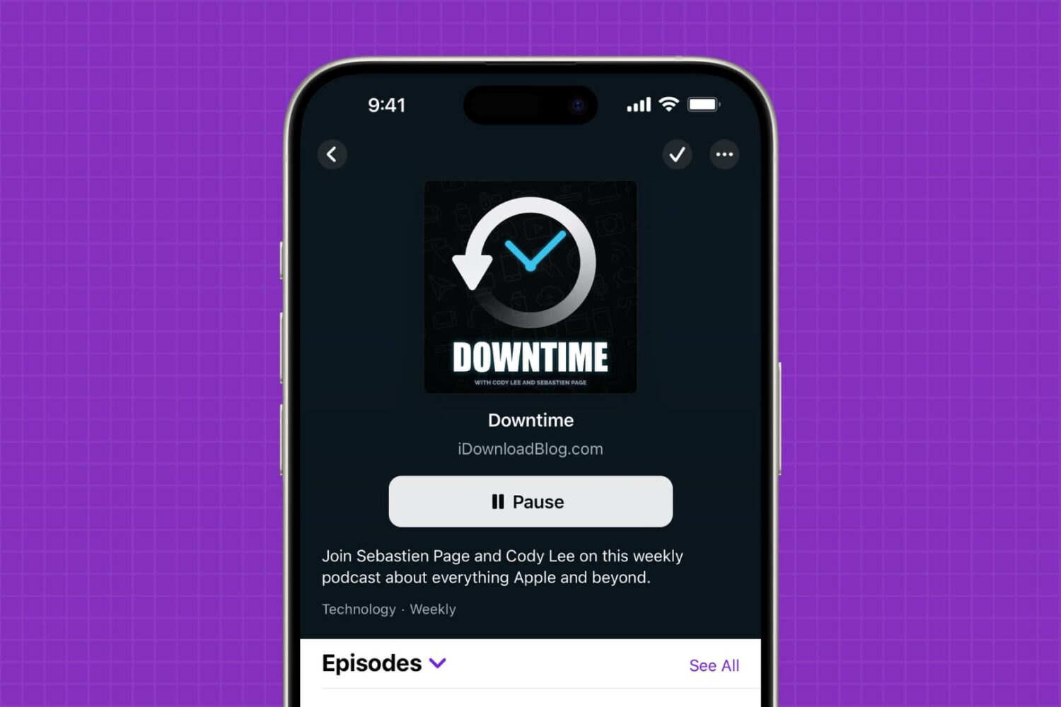 Apple Podcasts app on iPhone showing iDownloadBlog's Downtime show on the screen