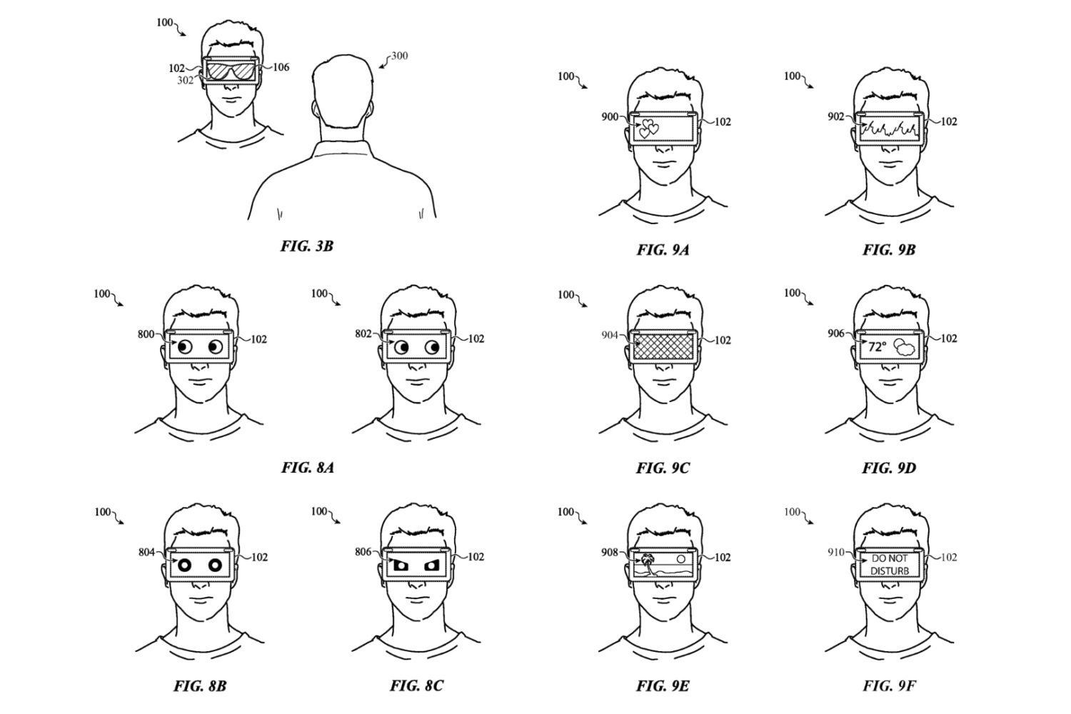 Appel patent drawing envisioning various symbols on the Vision Pro's EyeSight display