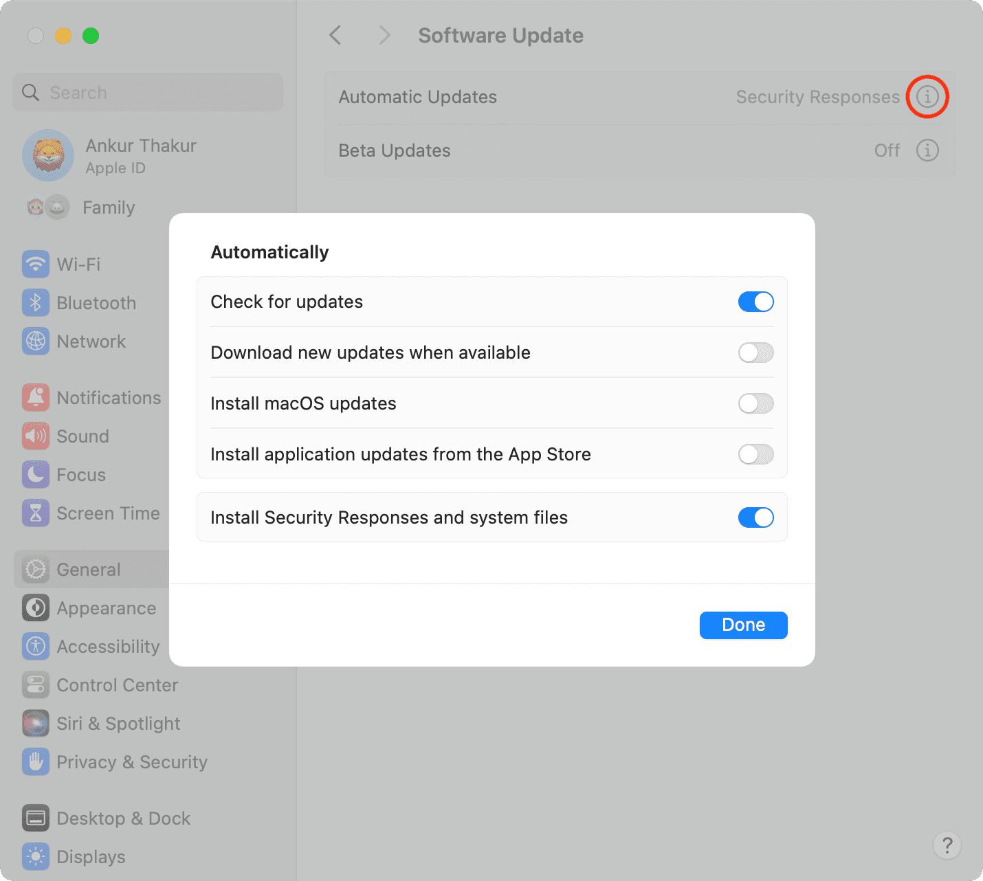 Automatic software update settings on Mac