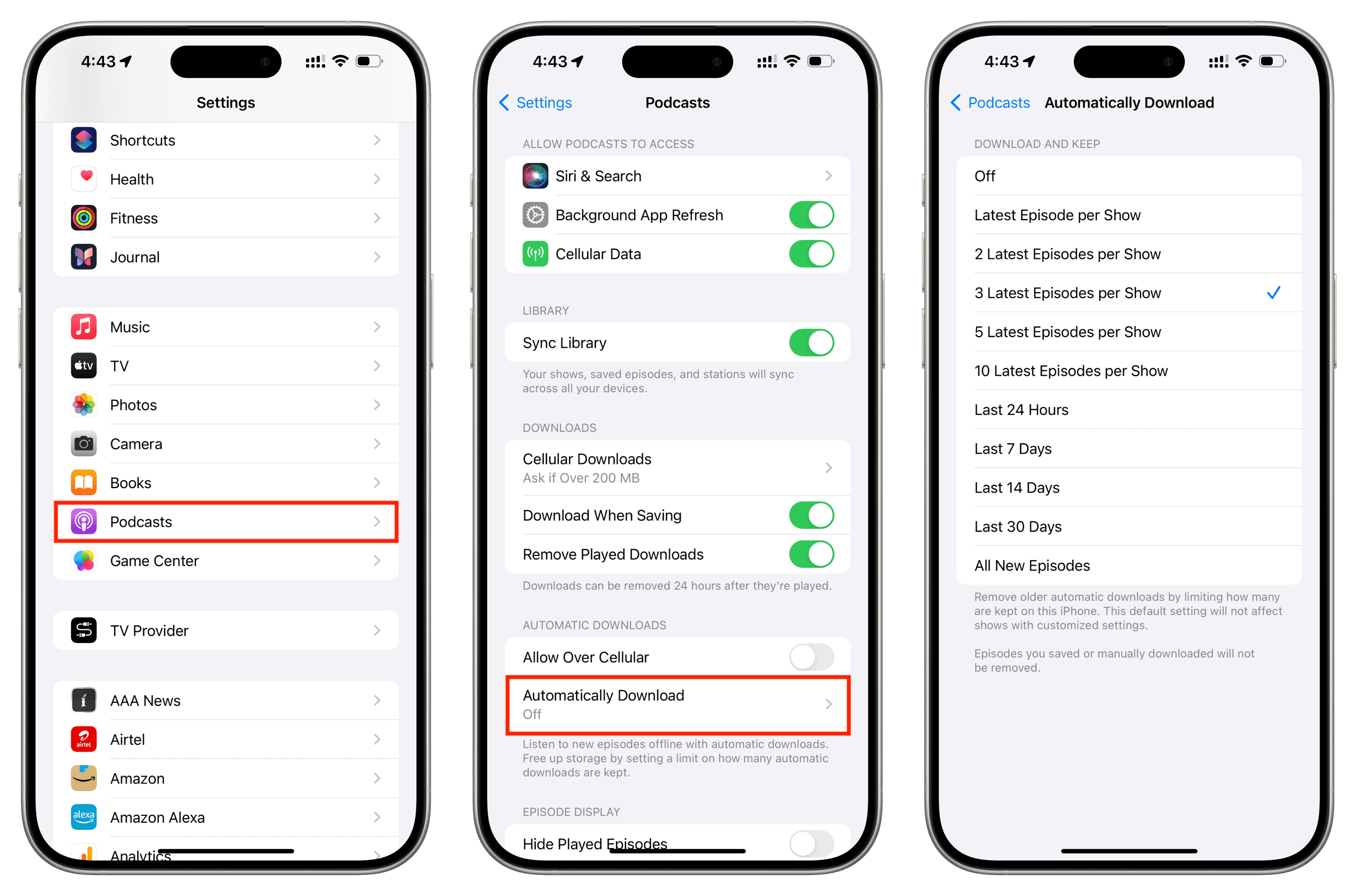Automatic download settings for all podcasts on iPhone