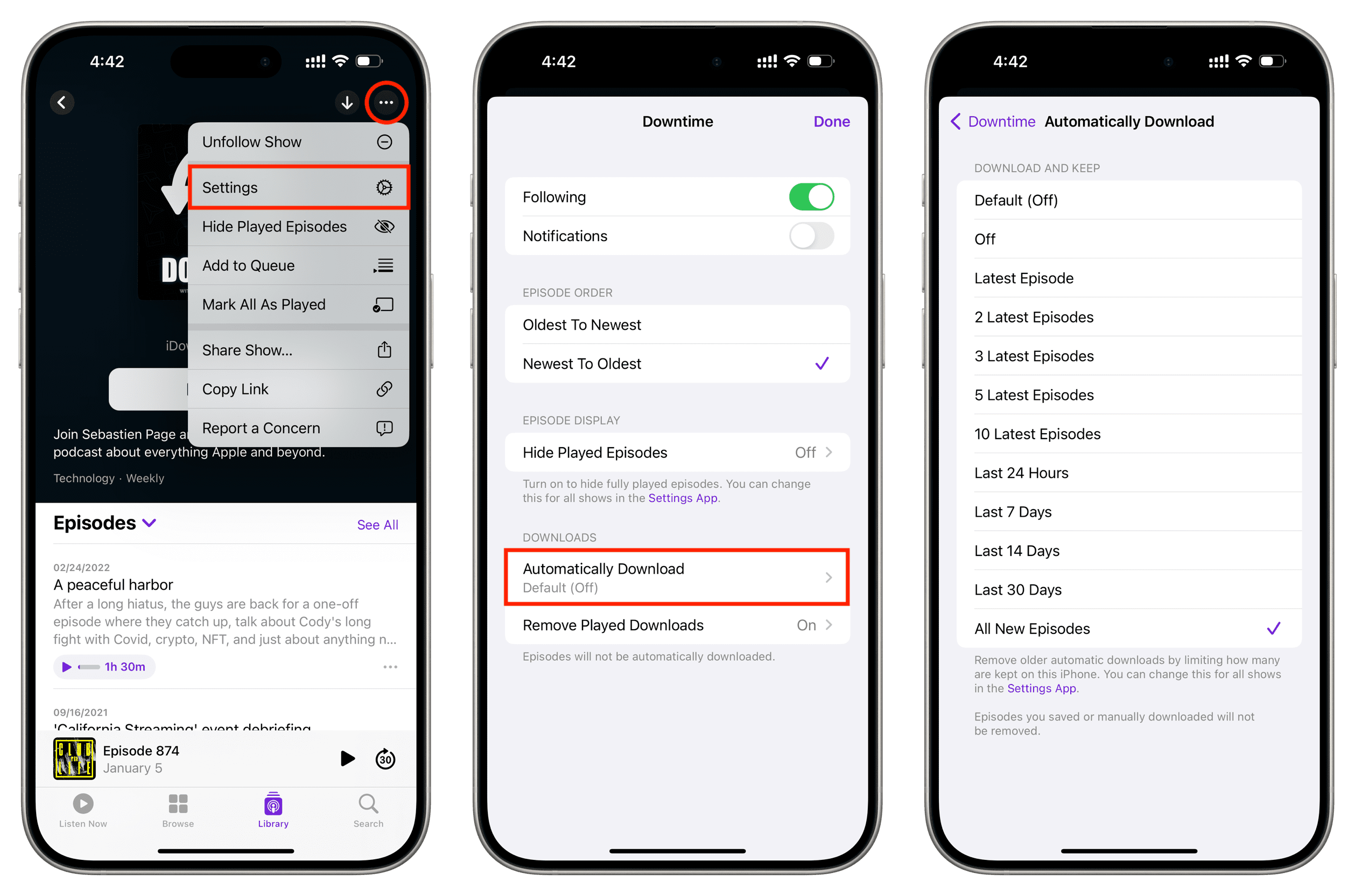 Automatic download settings for a particular podcast show on iPhone