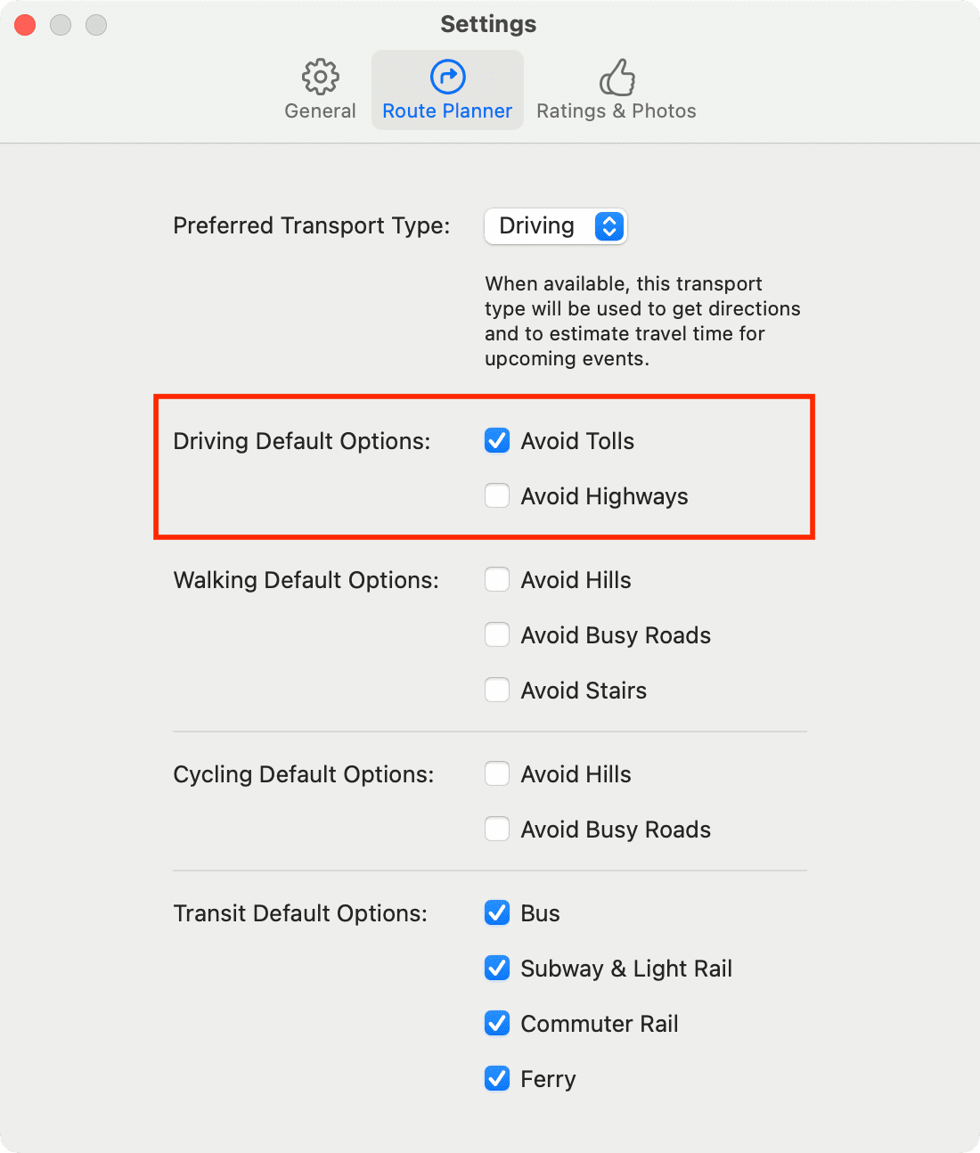 Avoid Tolls in Apple Maps settings on Mac
