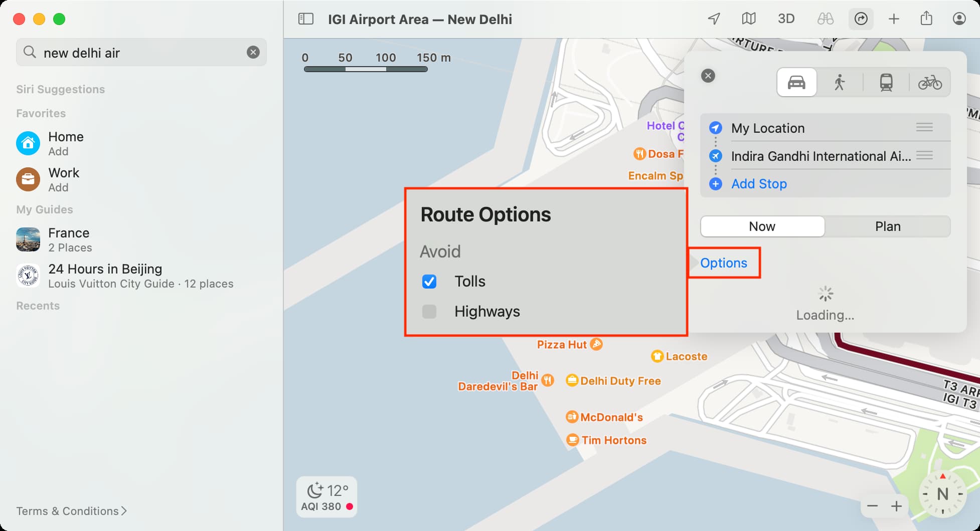 Avoid tolls and highways in Apple Maps on Mac