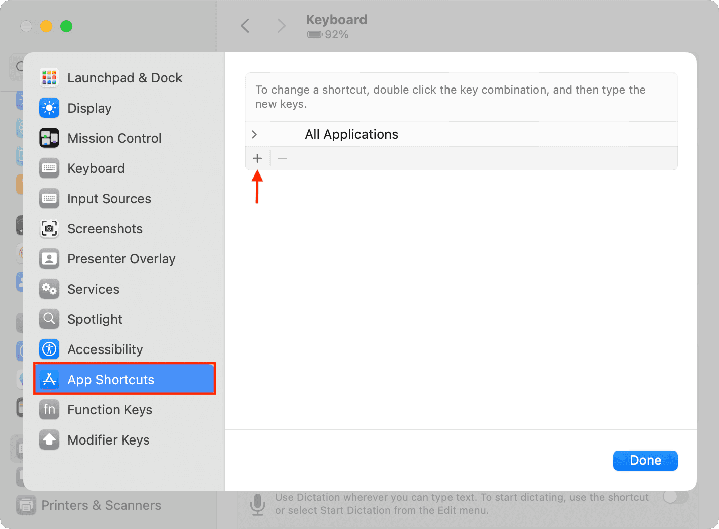 Click plus button in Keyboard Shortcuts section