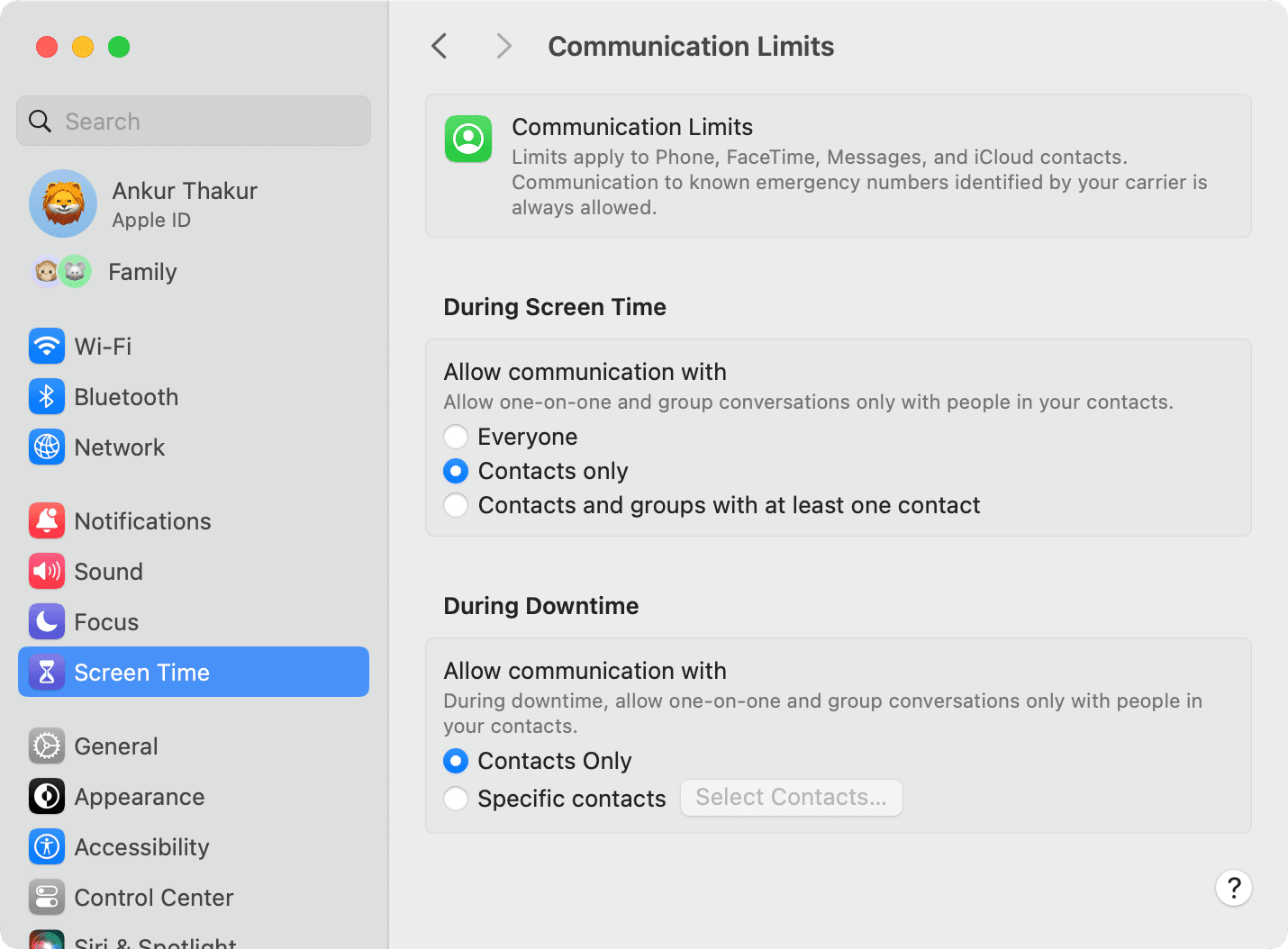 Communication Limits in Screen Time on Mac