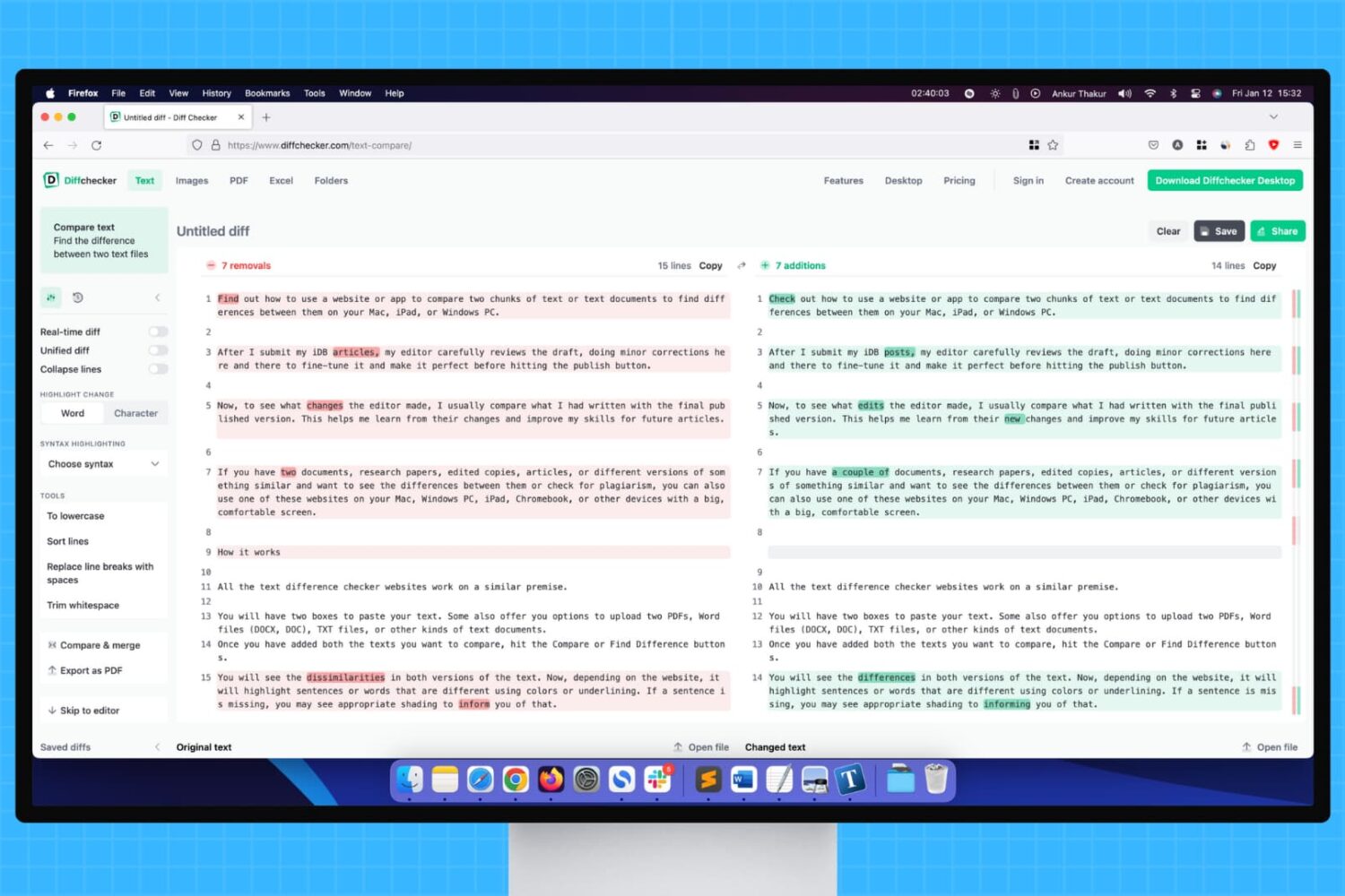 Comparing two text documents on Mac