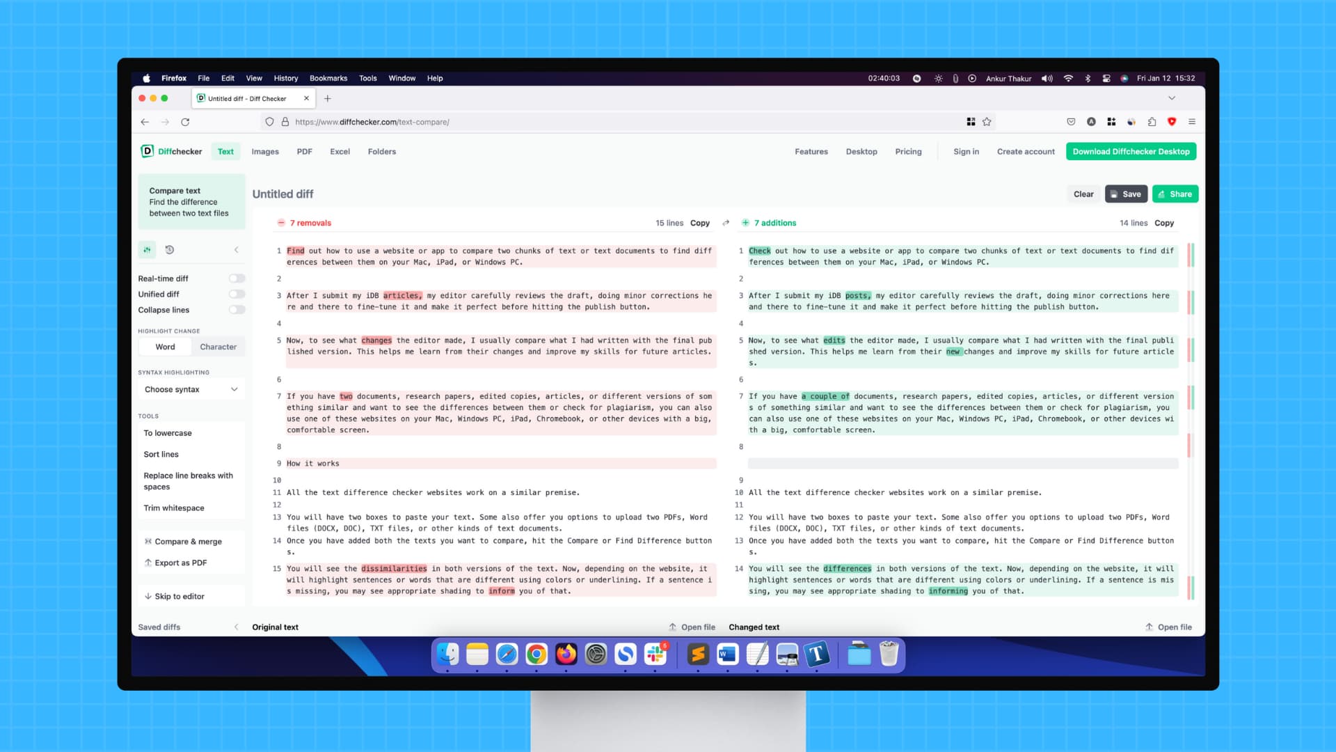 How to compare differences between two text documents on Mac and PC