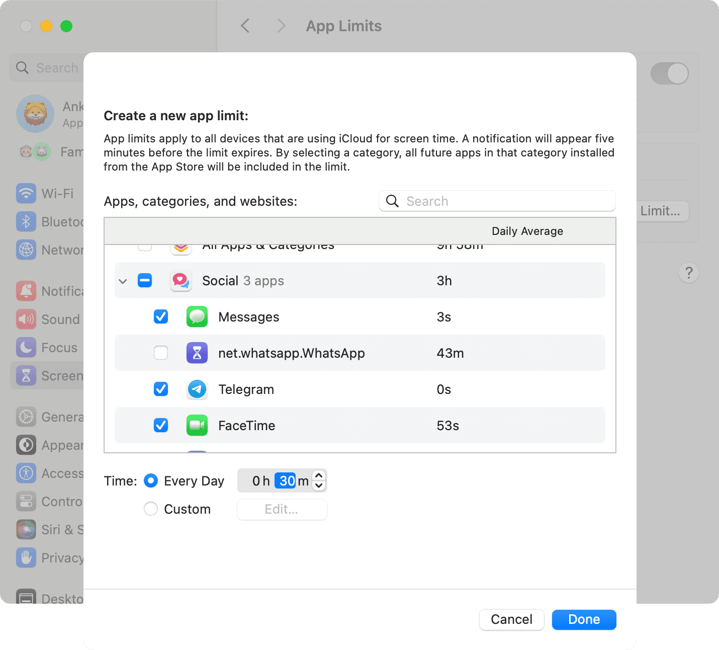 Create new app limit for app on Mac
