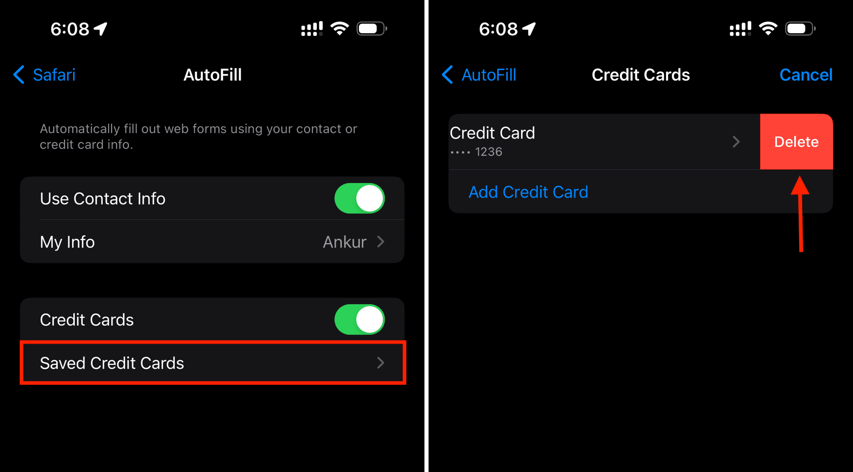 Delete saved Credit Card from Safari in iPhone Settings