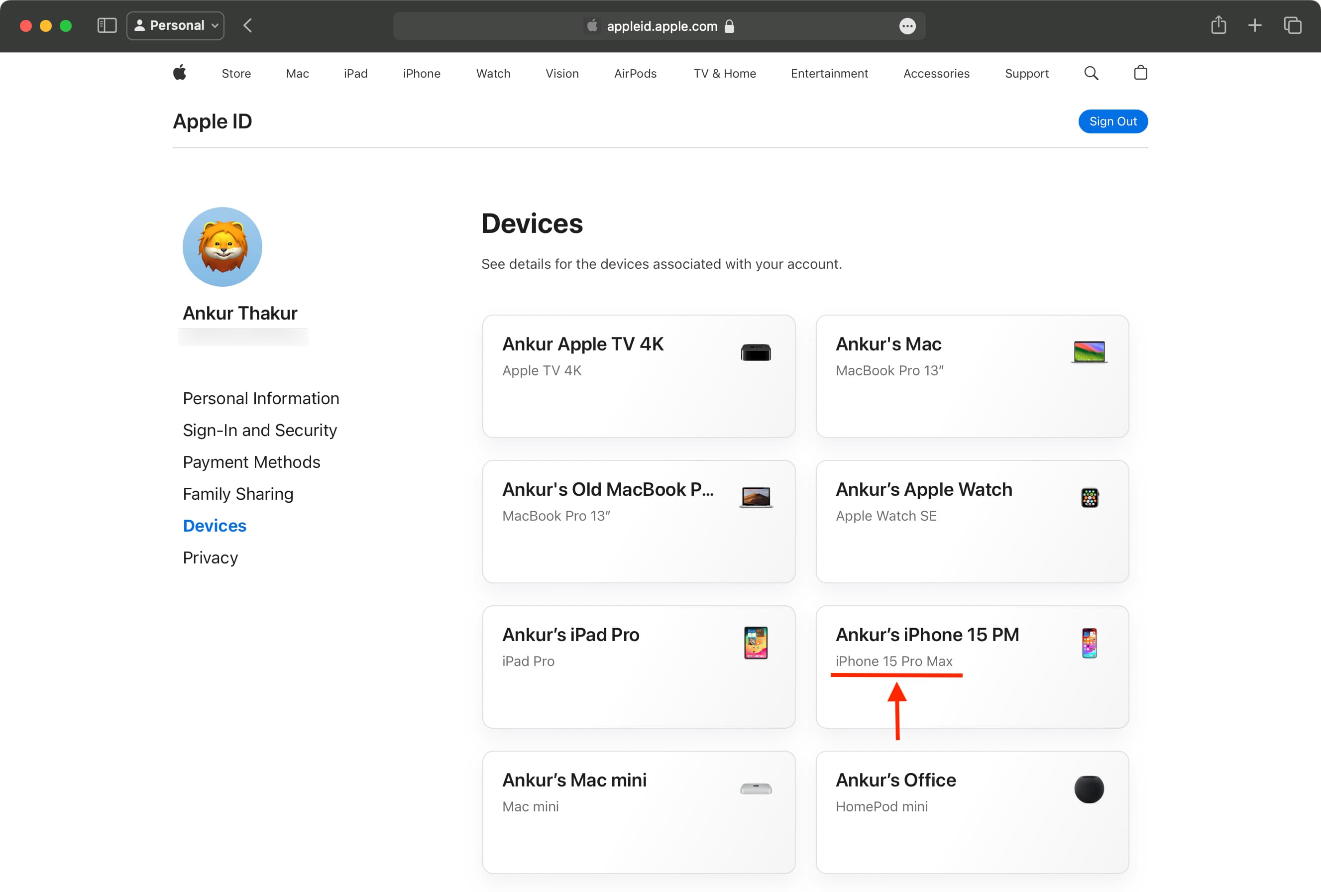 Devices section on Apple ID account management screen