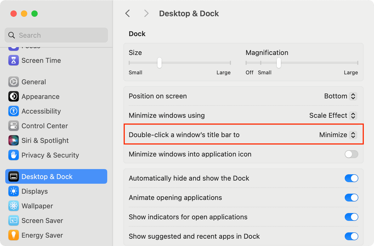 Double-click a window's title bar to Minimize on Mac