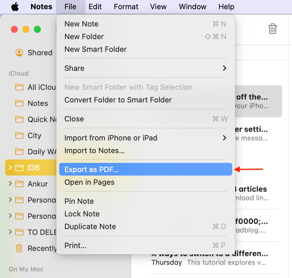 Export to PDF option in Notes app on Mac