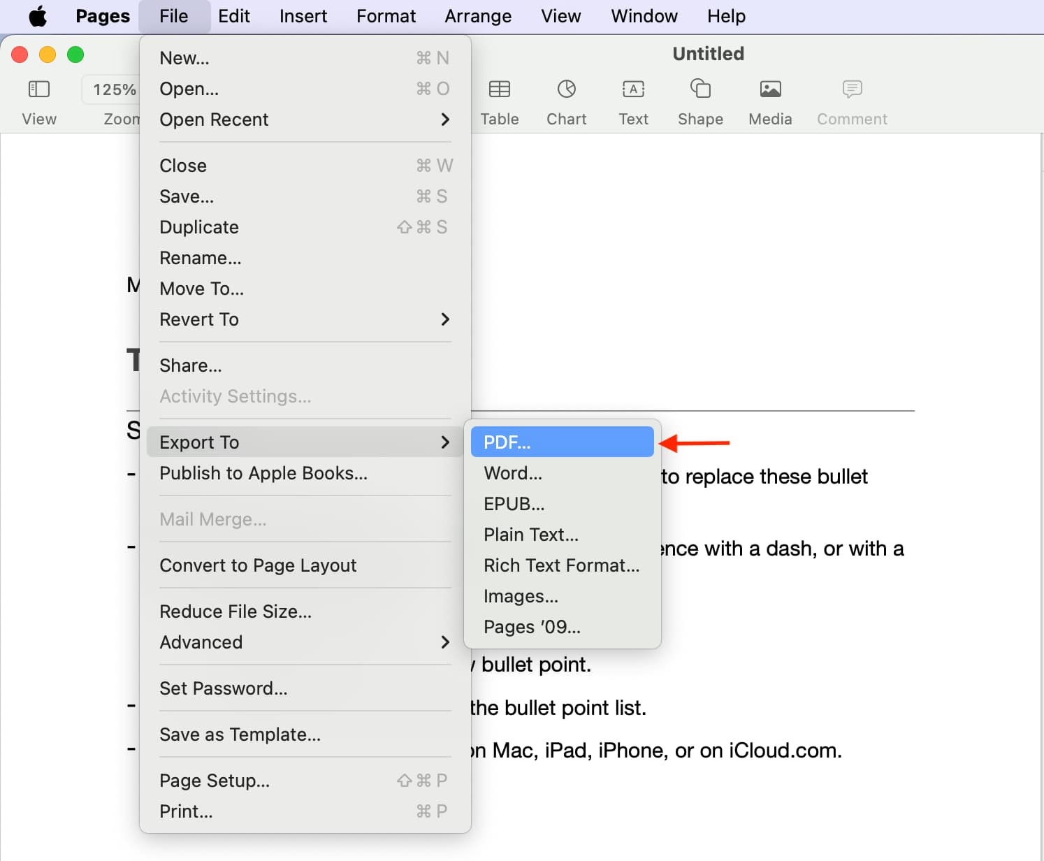 Export to PDF option in Pages app on Mac