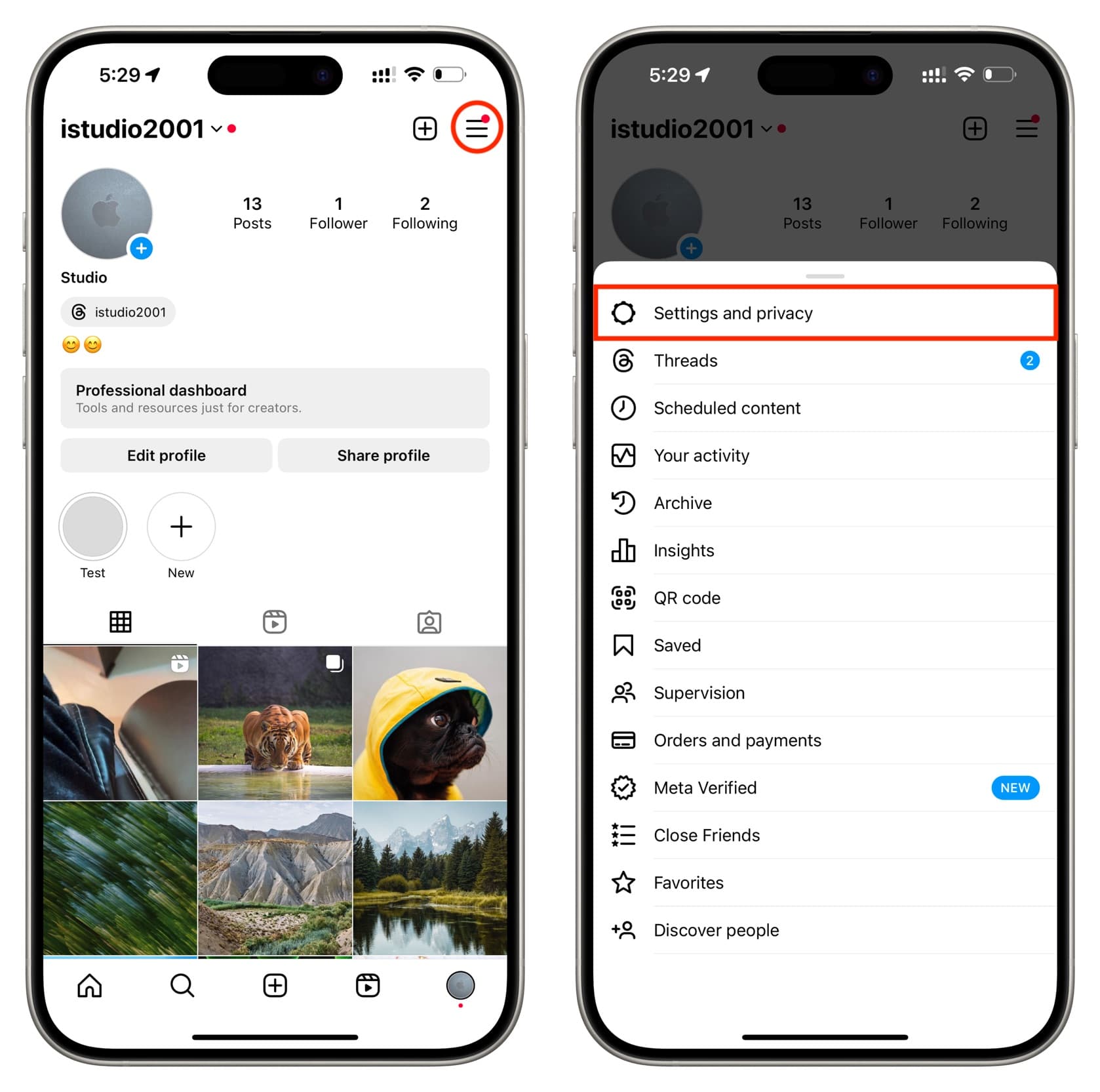 Go to Instagram profile and tap menu icon Settings and privacy