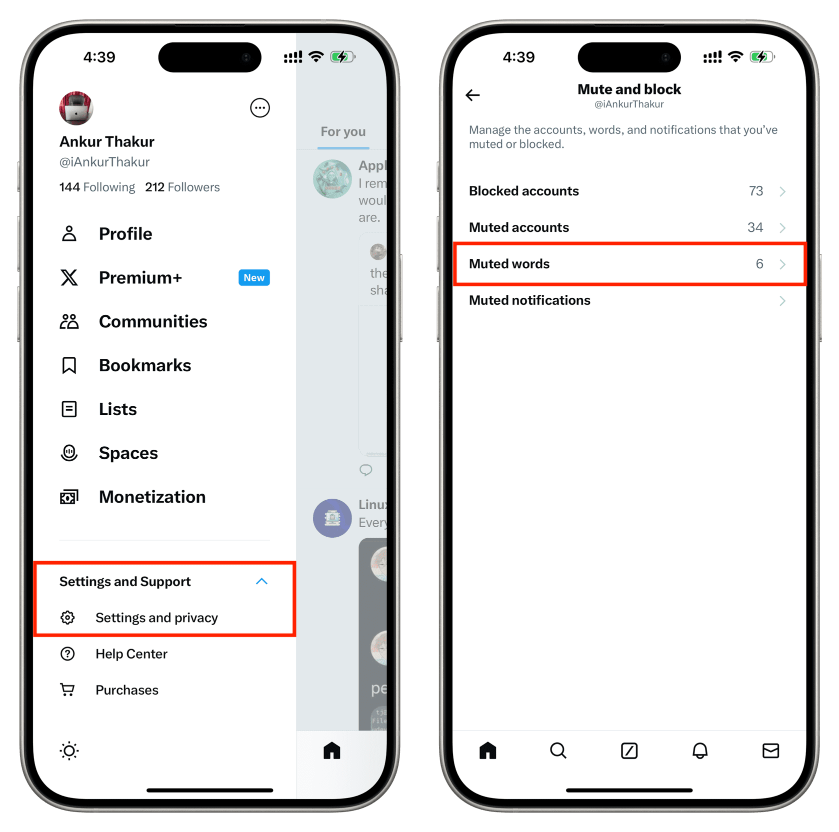 Go to Muted words section in X app settings