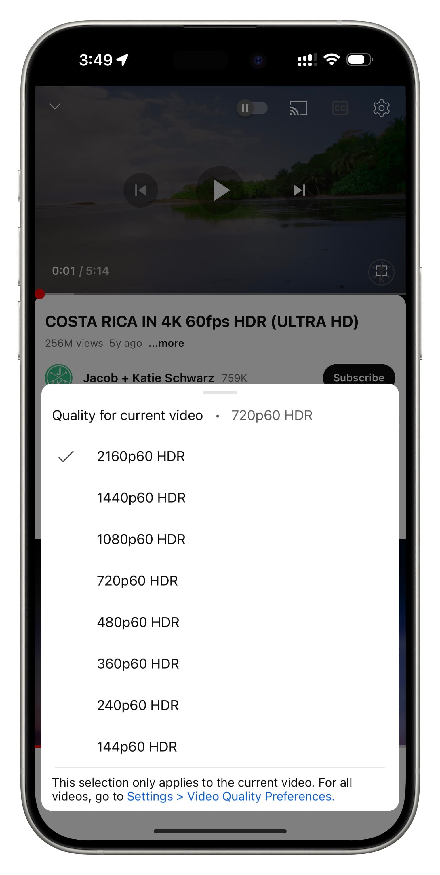 HDR video in YouTube app on iPhone