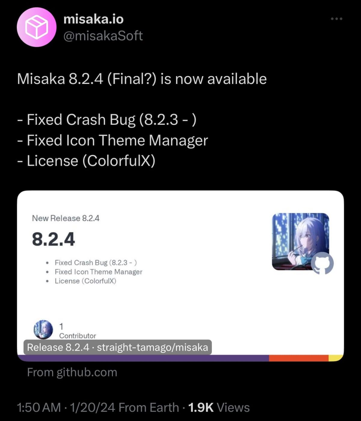 Misaka updated to v8.2.4 with crash fix, icon theme manager ...