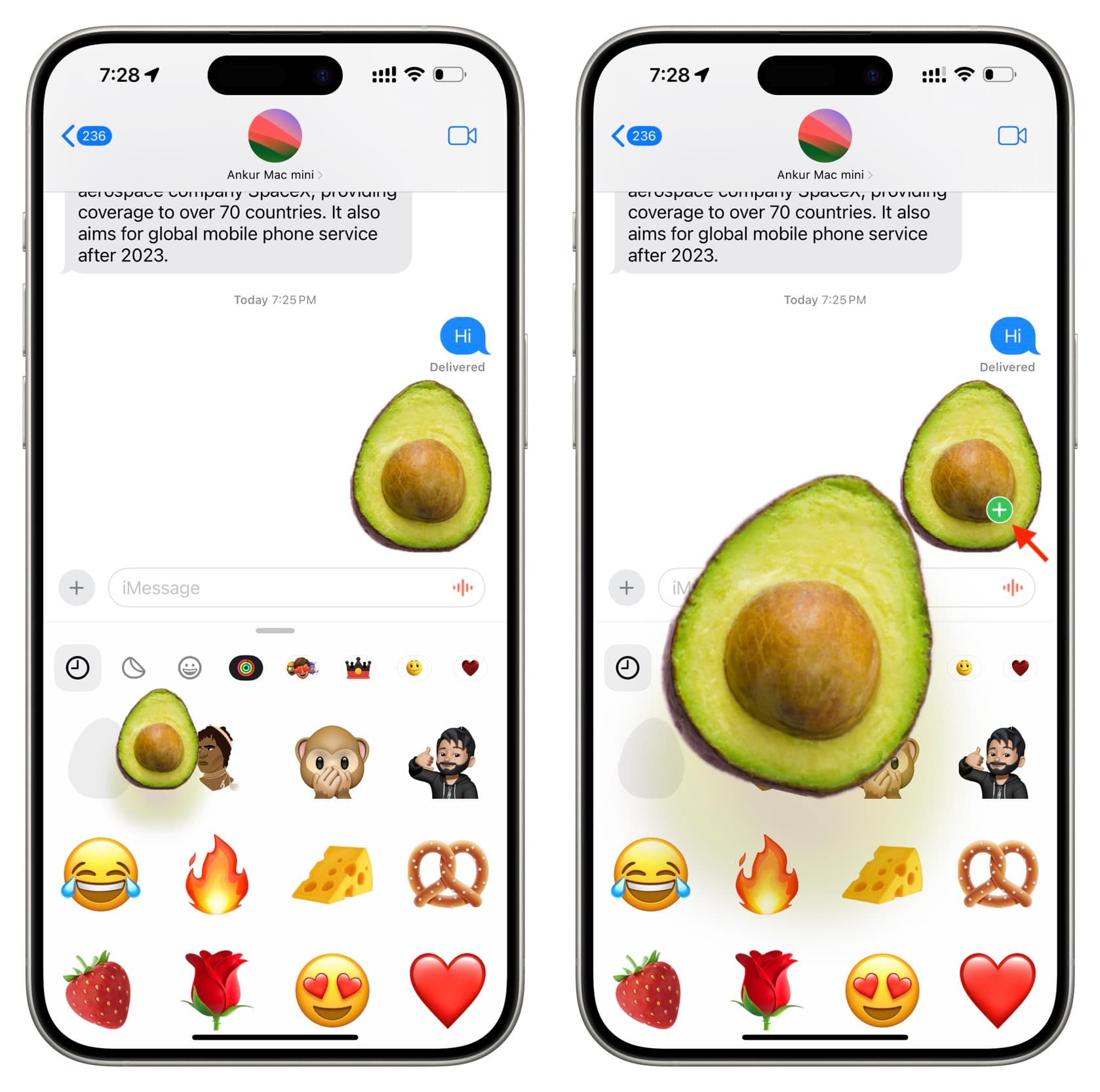 Increase size of sticker before sending it in Messages on iPhone