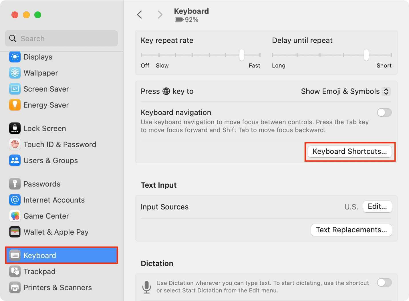Keyboard Shortcuts in Mac System Settings