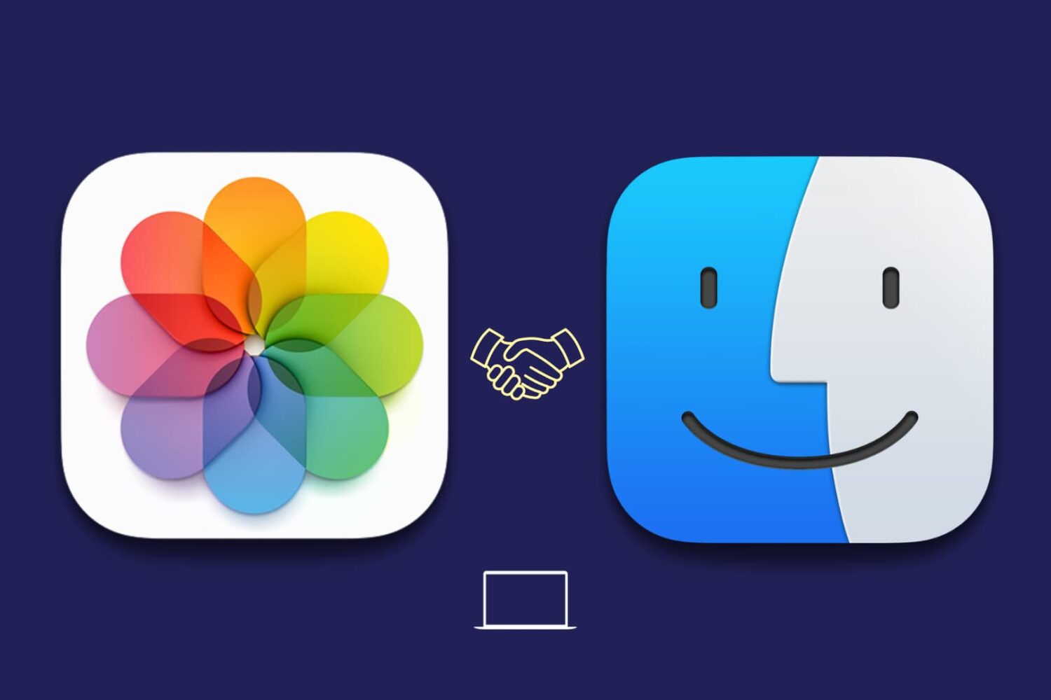 Mac Photos and Finder icons with a handshake symbol between them