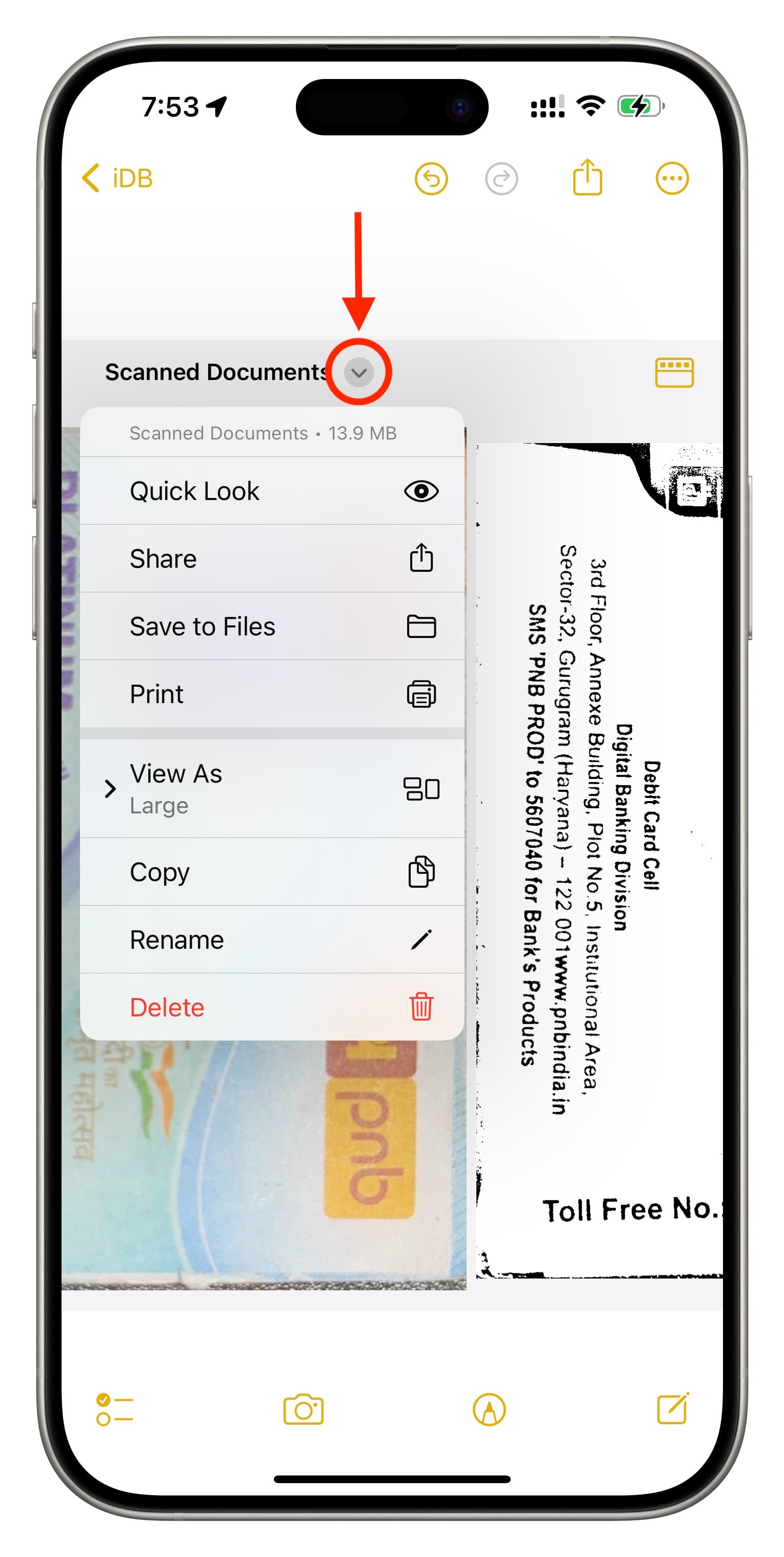 Manage scanned documents bundle in iPhone Notes app