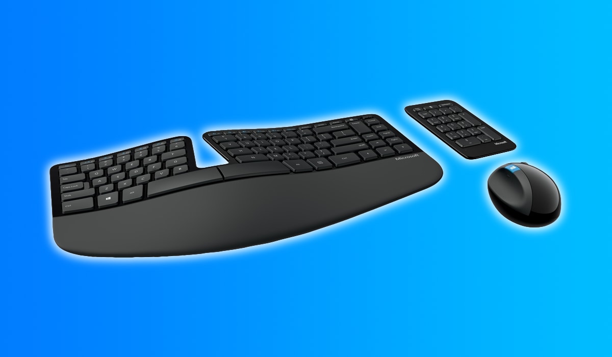 Microsoft's Sculpt Ergonomic Keyboard and Mouse, set against a light blue gradient background